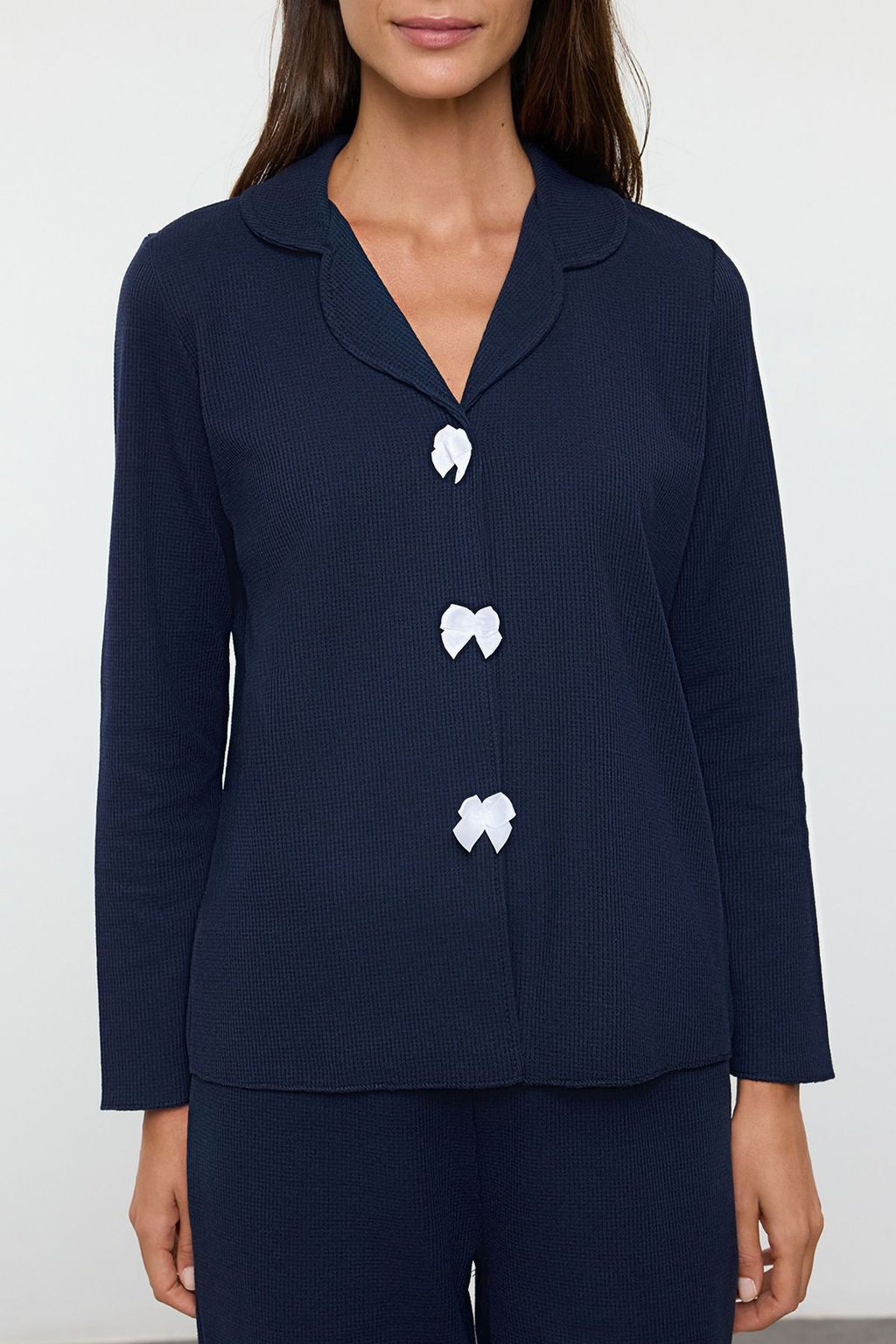 Trendyolmilla Bej Kurdele/Fiyonklu Waffle Kumas Orme Pijama Tak?m? THMAW25PT00195 фото 13