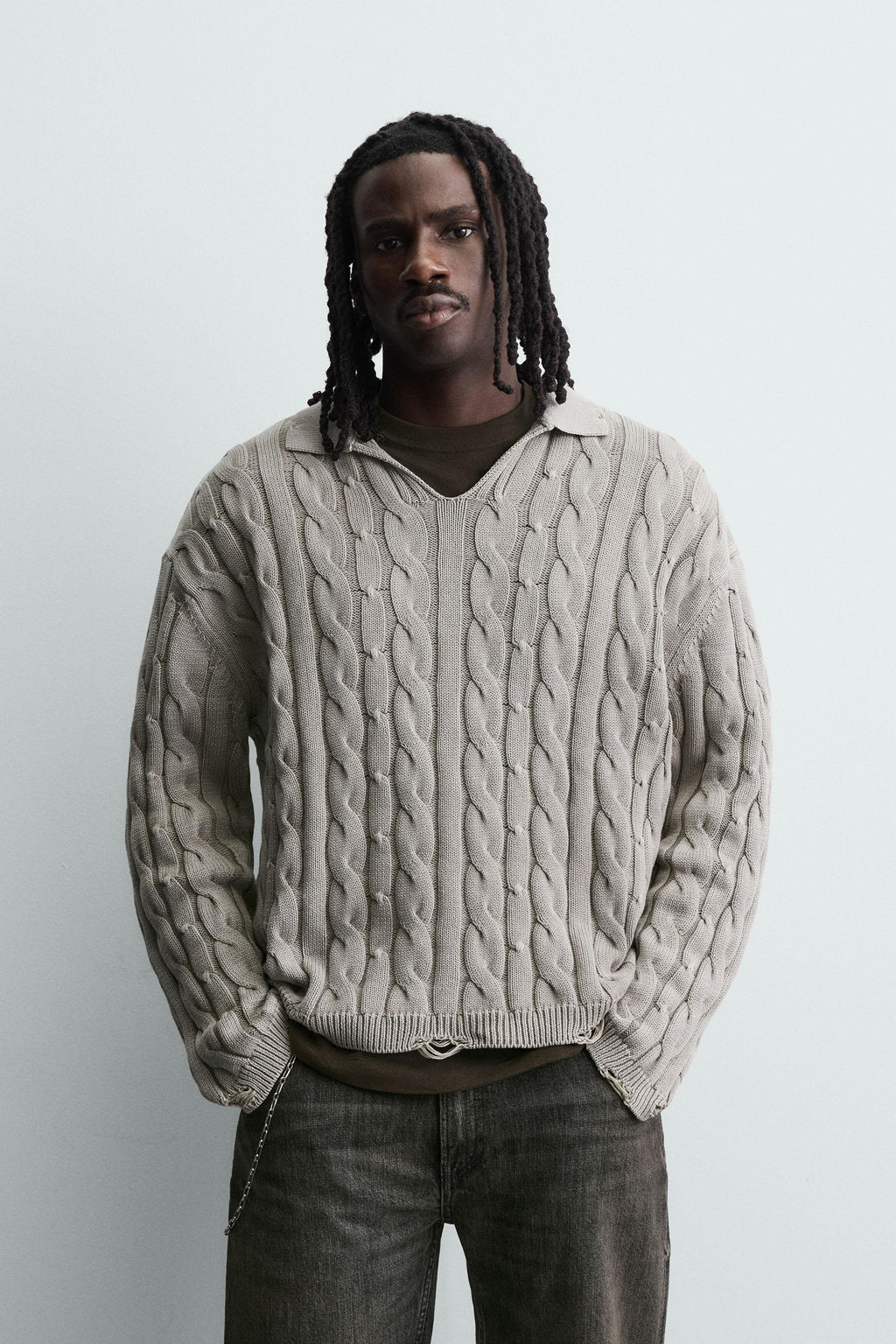 CABLE KNIT POLO SHIRT WITH DISTRESSED EFFECT - Zara фото 2