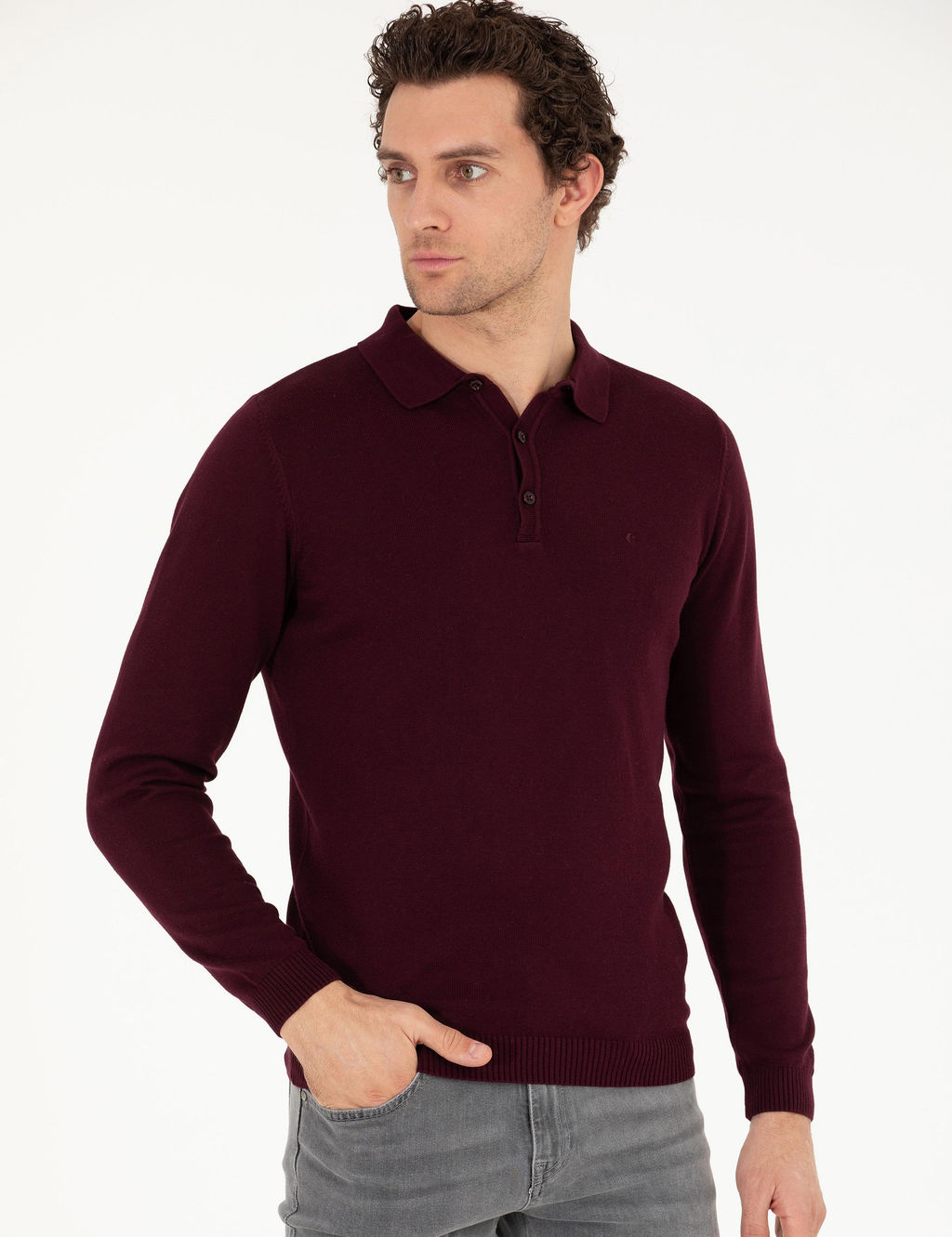 Бордово-красный базовый трикотажный свитер с воротником-поло приталенного кроя - Cacharel фото 3
