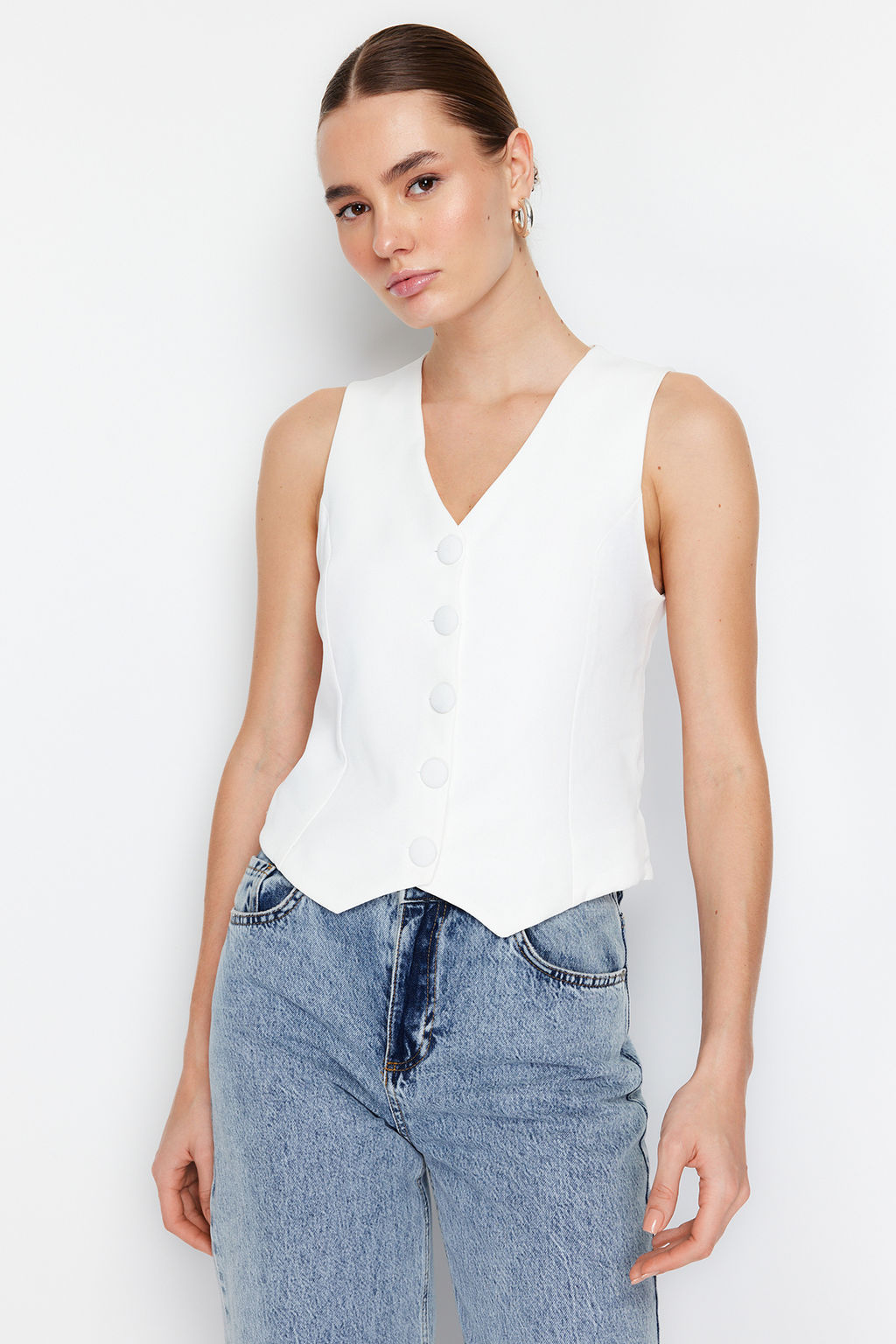 Beyaz Fitted Fitted Dugmeli Crop Dokuma Yelek TWOSS21YE0009