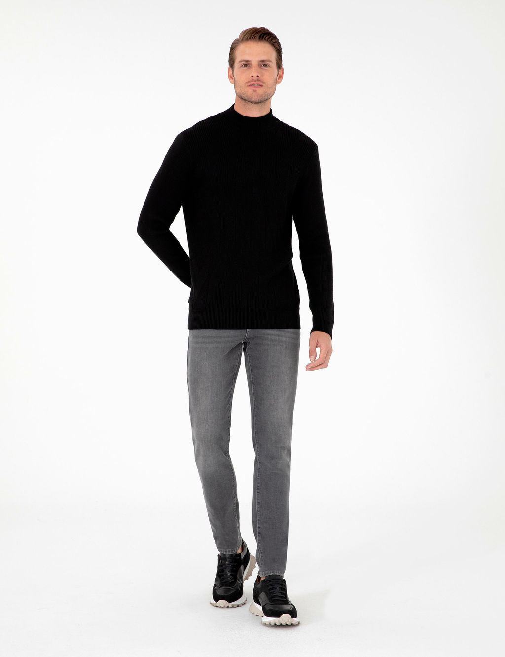 Siyah Slim Fit Yar_m Bal_k__ Yaka Y_n Kar___ml_ Triko Kazak - Pierre cardin фото 4