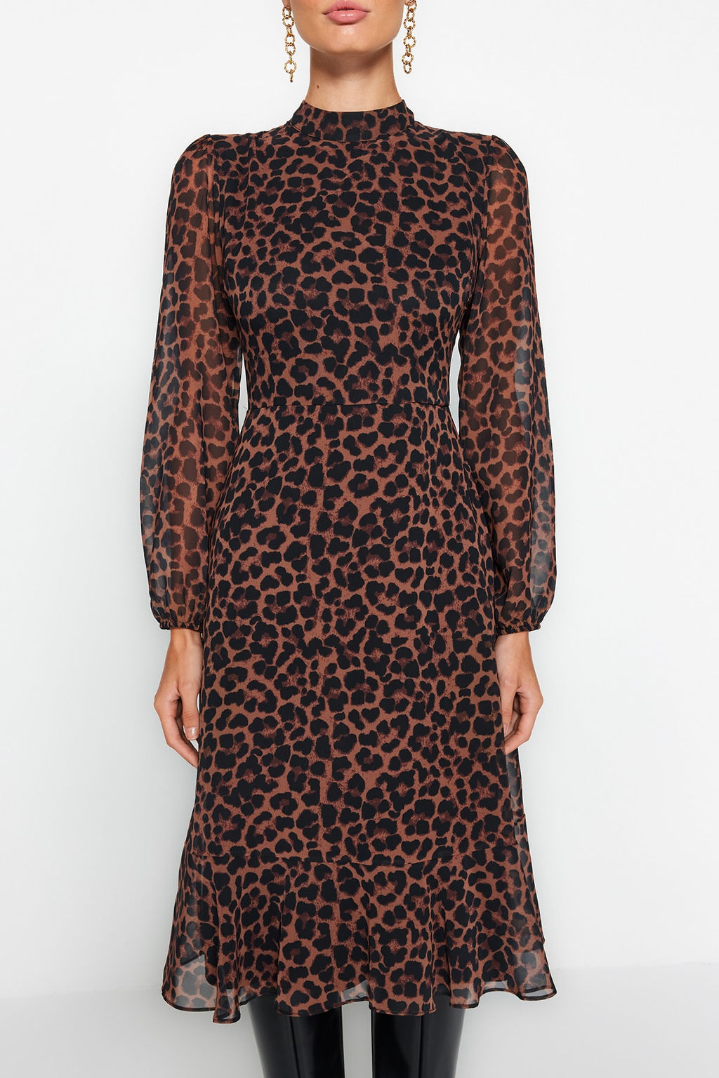TRENDYOLMILLA Camel Dik Yakal? Etegi Volanl? Sifon Dokuma K?sl?k Elbise TWOAW20EL1313