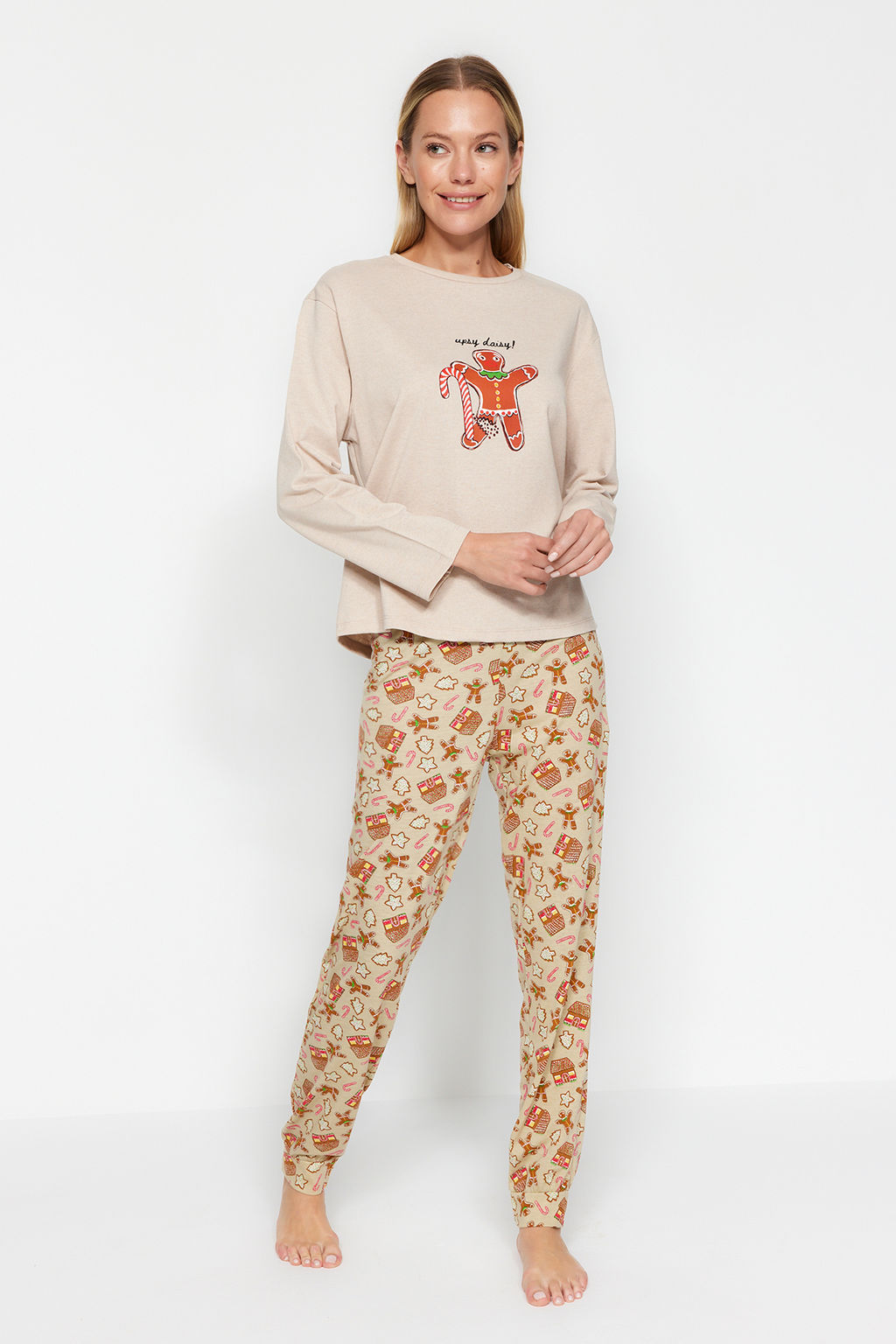 Trendyolmilla Yesil %100 Pamuklu Y?lbas? Temal? Orme Pijama Tak?m? THMAW24PT00061  фото 3