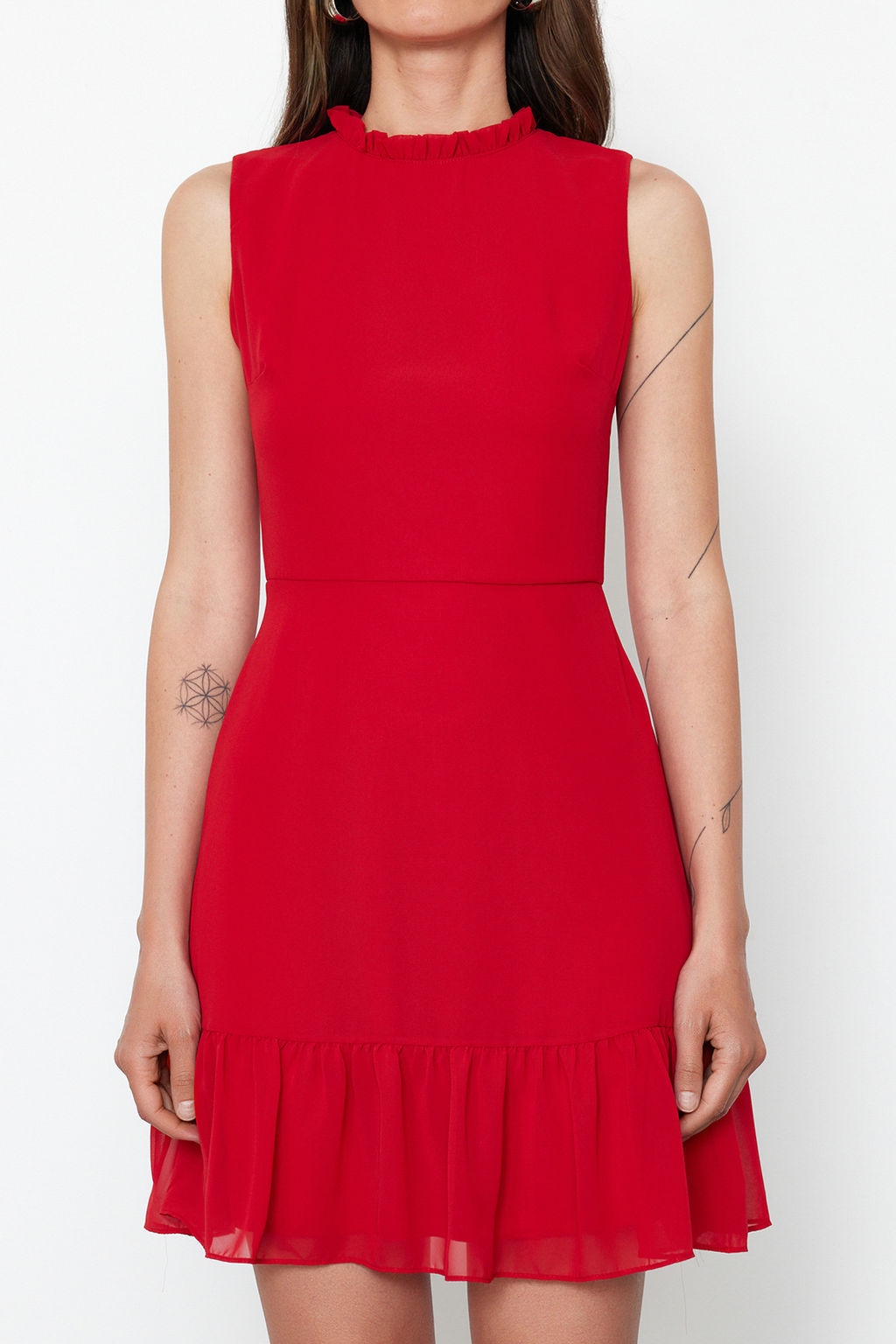K?rm?z? A Kesim F?rf?rl? Astarl? Mini Dokuma Elbise TWOSS20EL0237