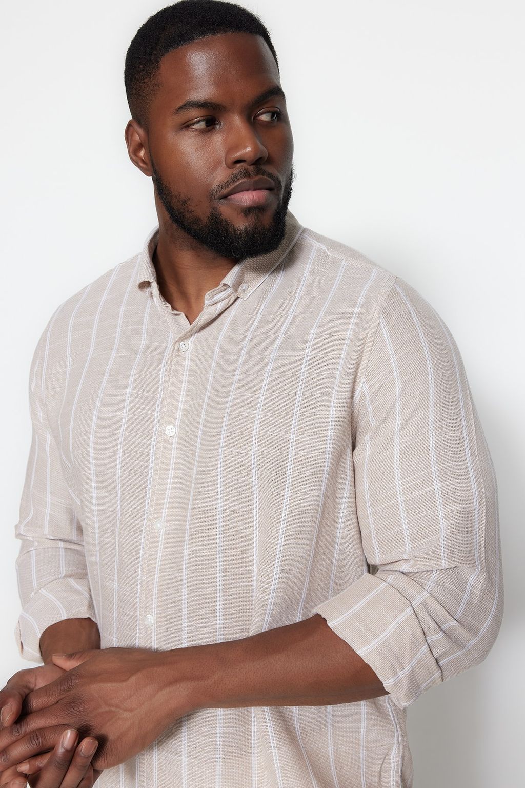 Tas Regular Fit Rahat Dugmeli Yaka Cizgili Buyuk Beden Gomlek TMNSS23GO00095 - Trendyolmilla фото 8