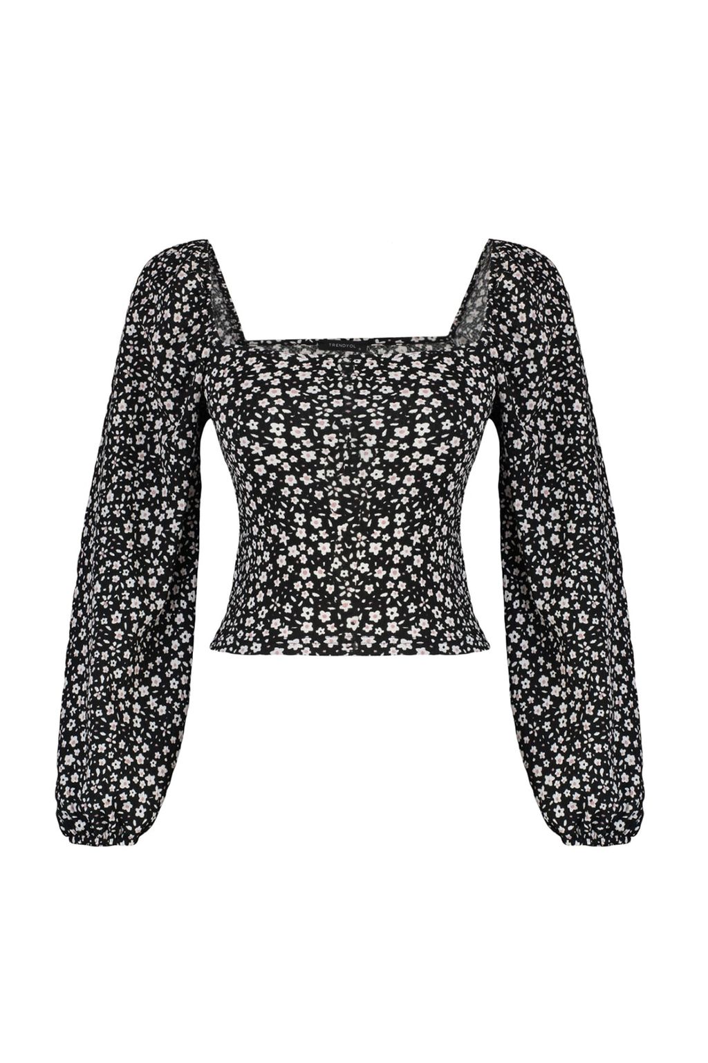 Trendyolmilla Siyah Cicek Desenli Fitted/Vucuda Oturan Kare Yaka Burumcuk/Dokulu Orme Bluz TWOAW22BZ0254 фото 6