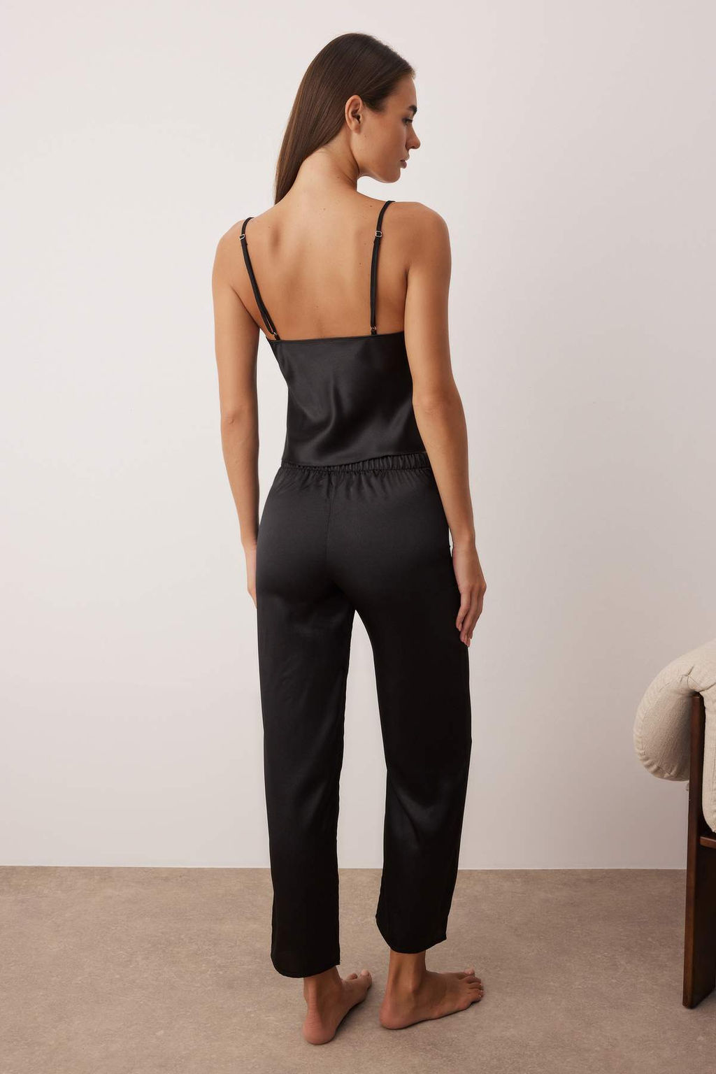 Siyah Dantel Detayl? Saten Dokuma Pijama Tak?m? THMAW26PT00078