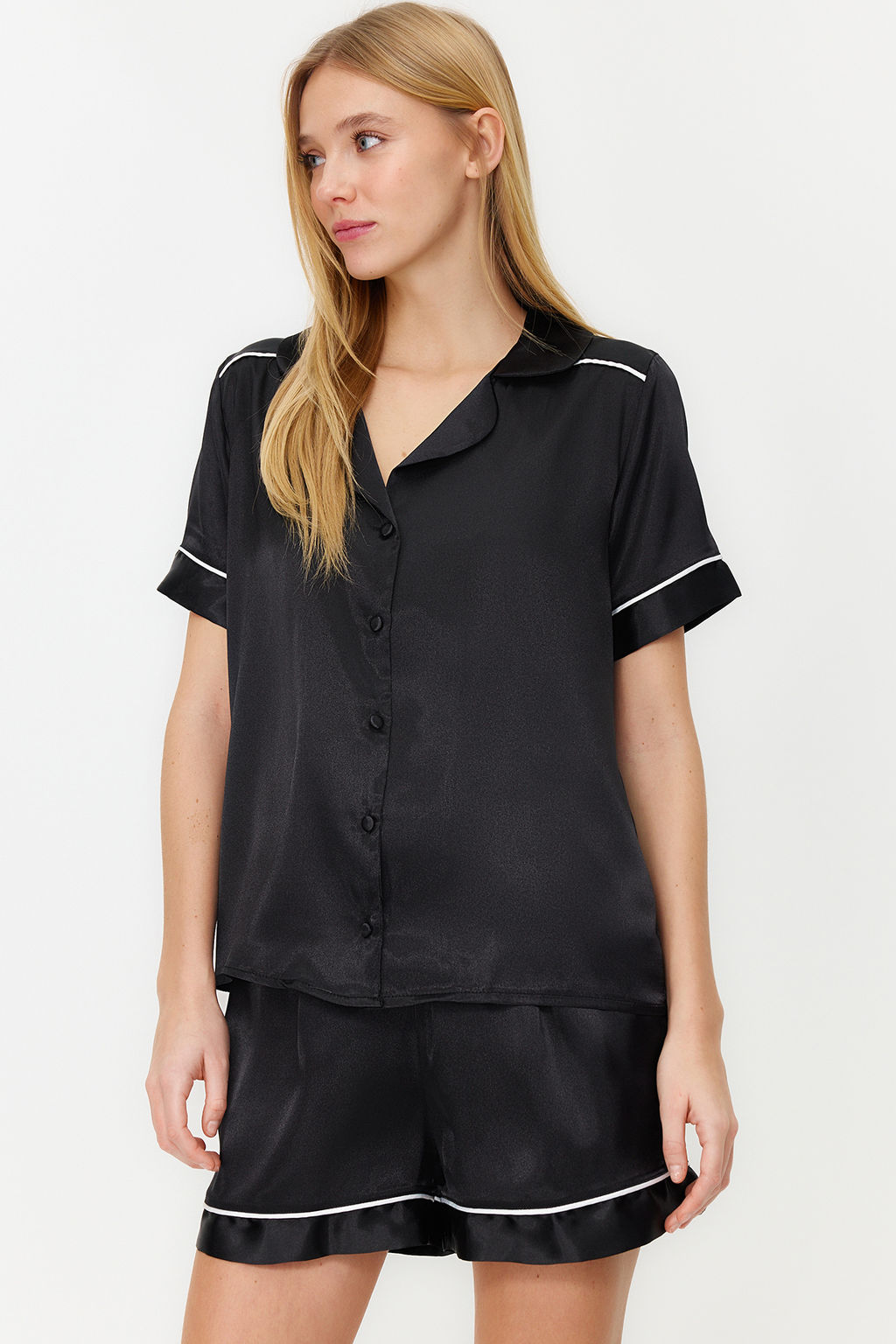 Trendyolmilla Siyah Biye Detayl? Saten Sortlu Dokuma Pijama Tak?m? THMSS24PT00026  фото 2