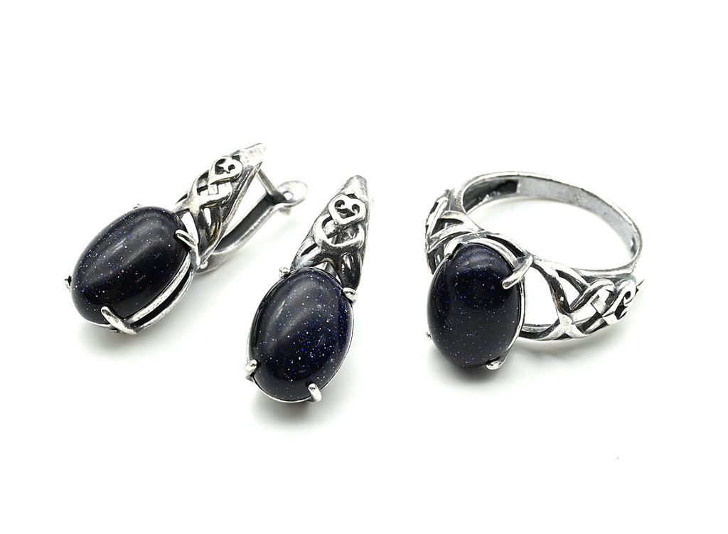 Кольцо Серьги авантюрин синий имитация размер 18