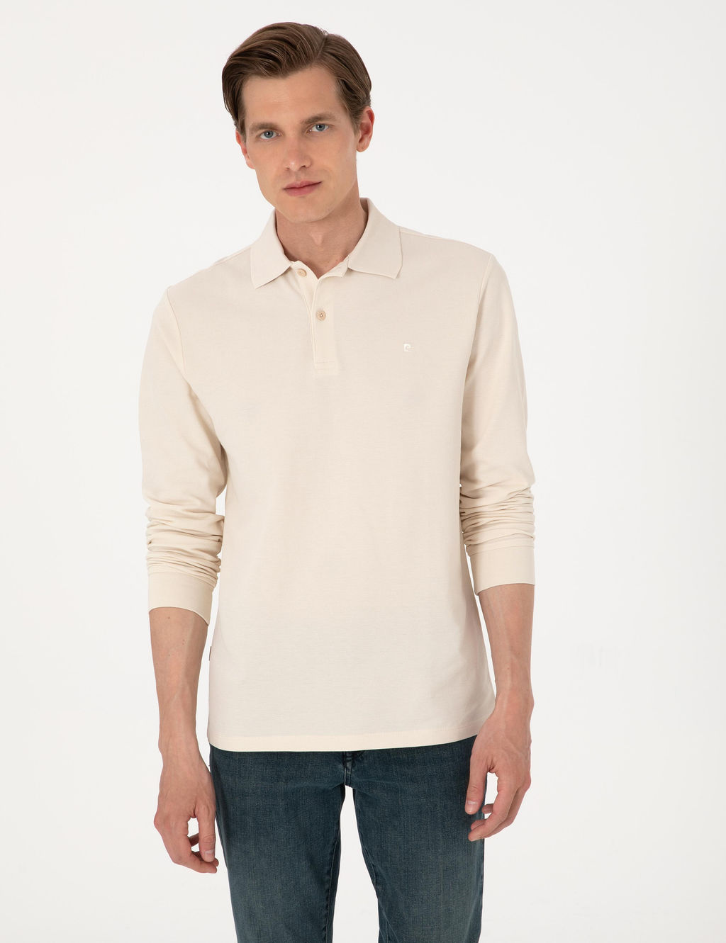Bej Slim Fit K_vr_lmaz Polo Yaka Basic Pike Sweatshirt