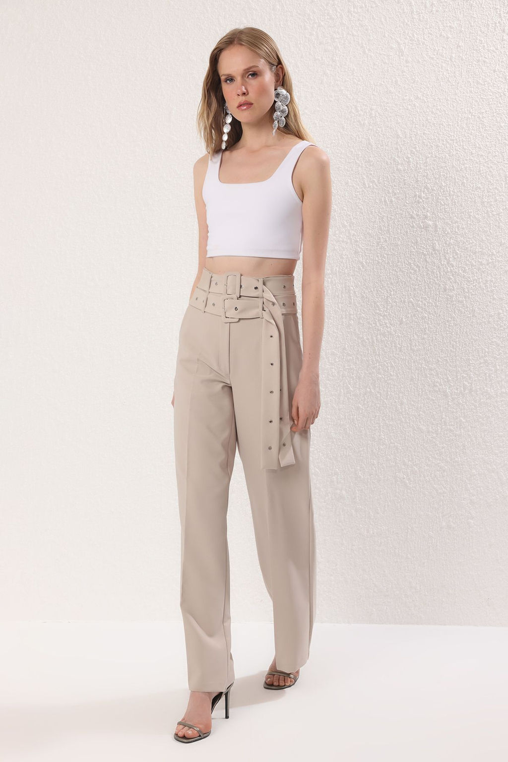 TRENDYOLMILLA Tas Cift Kemer Detayl? Dokuma Pantolon TPRSS25PL00000 фото 17