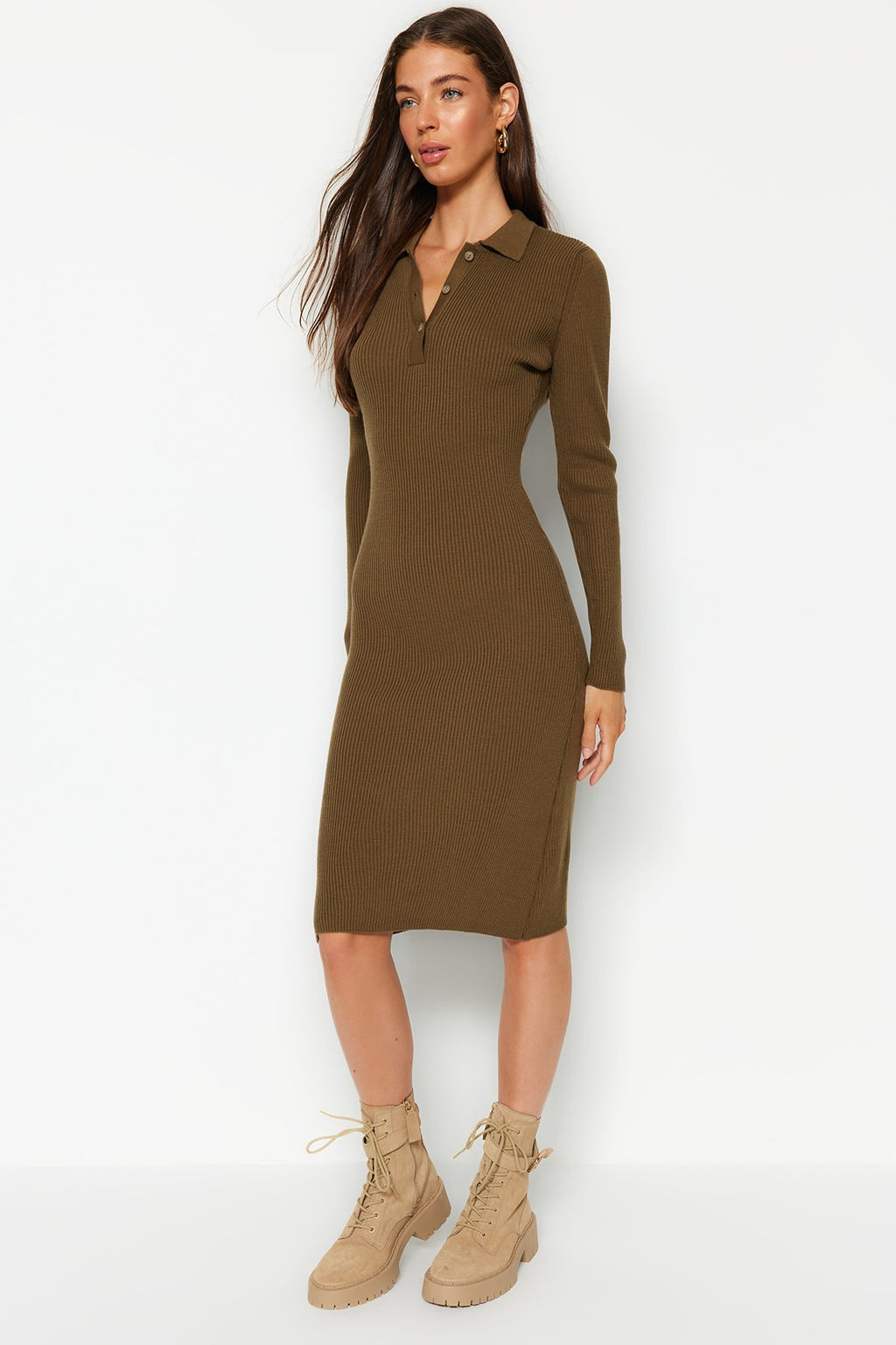 Haki Midi Triko Polo Yaka Elbise TWOAW24EL00029 - Trendyolmilla фото 2