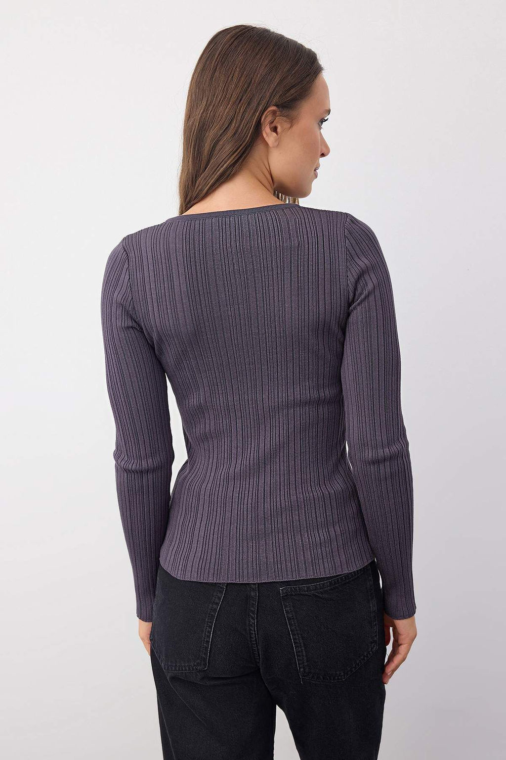 Wardrobe Essentials Antrasit Fitted/Vucuda Oturan Fitilli Triko Kazak | TWOAW26KZ00083 - Trendyolmilla фото 4