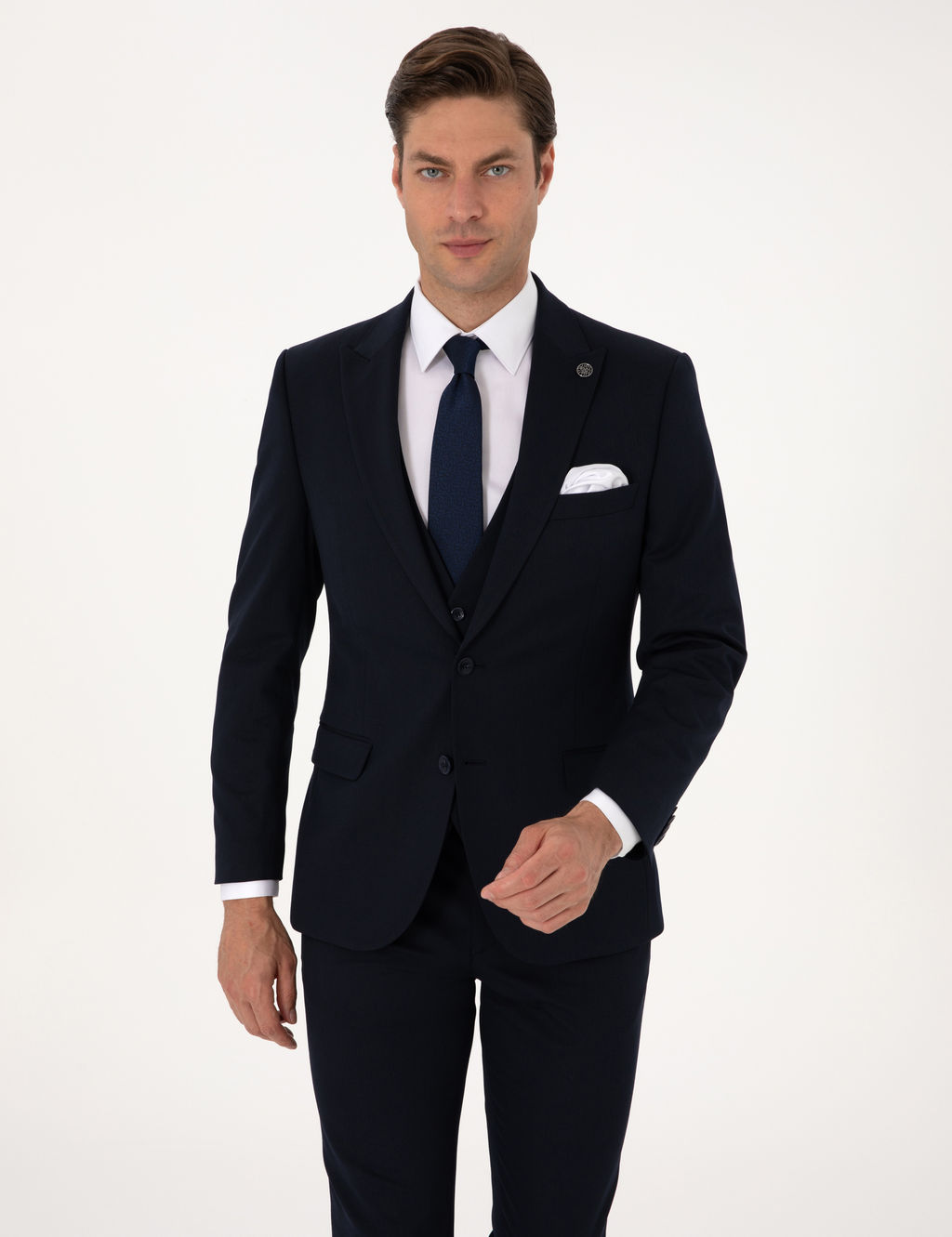 Lacivert Slim Fit Yelekli Tak_m Elbise