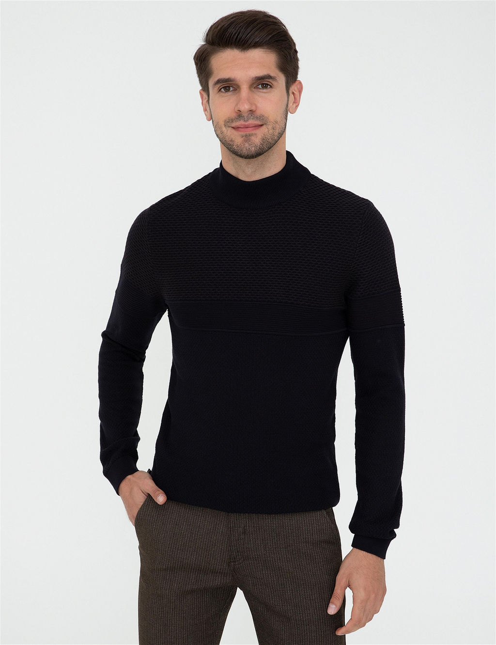 Lacivert Slim Fit Yar_m Bal_k__ Yaka Triko Kazak