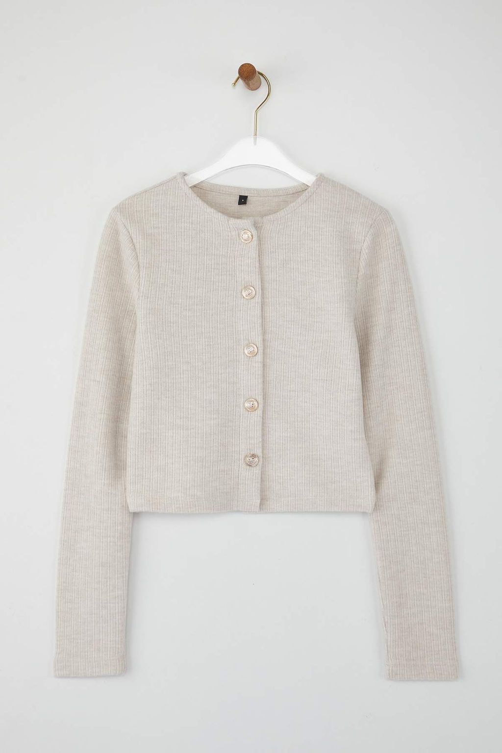 Bej Fitted/Vucuda Oturan Crop Dugme Detayl? F?rcal? Pointel Esnek Orme Bluz TWOAW26BZ00113