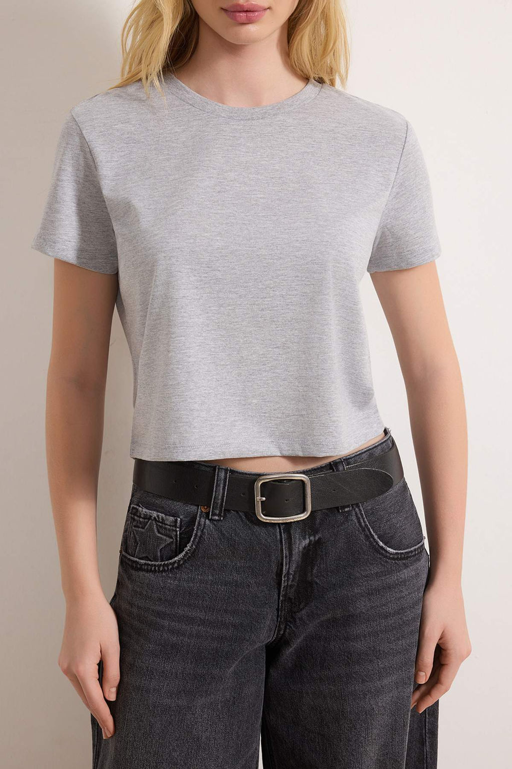 Gri Melanj-Siyah 2li Paket %100 Pamuk Crop Bisiklet Yaka Orme T-Shirt TWOSS20TS1480