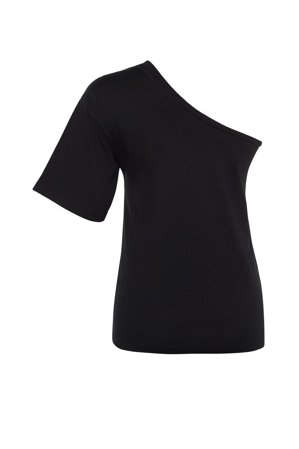 TRENDYOLMILLA Siyah Asimetrik Yaka %100 Pamuk Tek Kol Regular/Normal Kal?p Basic Orme T-Shirt TWOSS23TS00379 фото 6
