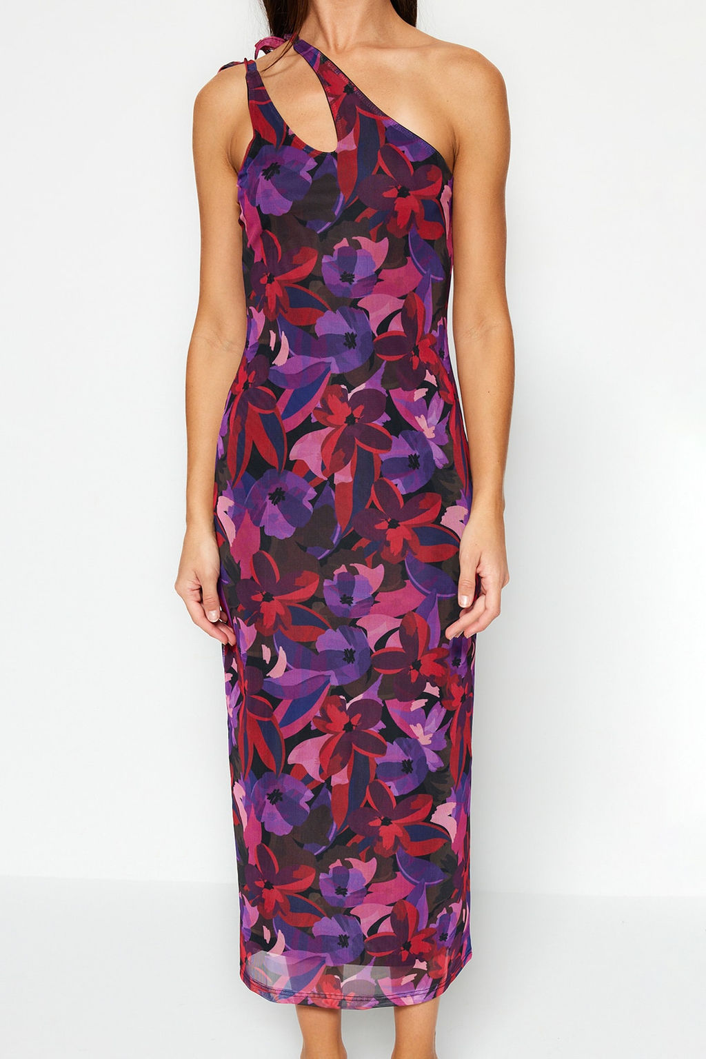 TRENDYOLMILLA Cok Renkli Asimetrik Yaka Tul Astarl? Vucuda Oturan Maxi Esnek Orme Kalem Elbise TWOSS23EL02315 фото 4