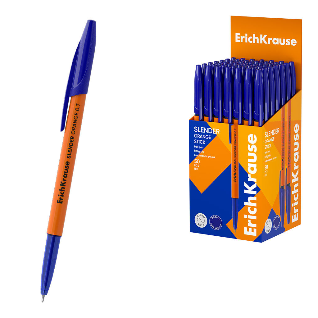 Цена за 50 шт. Ручка шариковая ErichKrause Slender® Stick Orange 0.7, Super Glide Technology, цвет чернил синий (в коробке по 50 шт.)