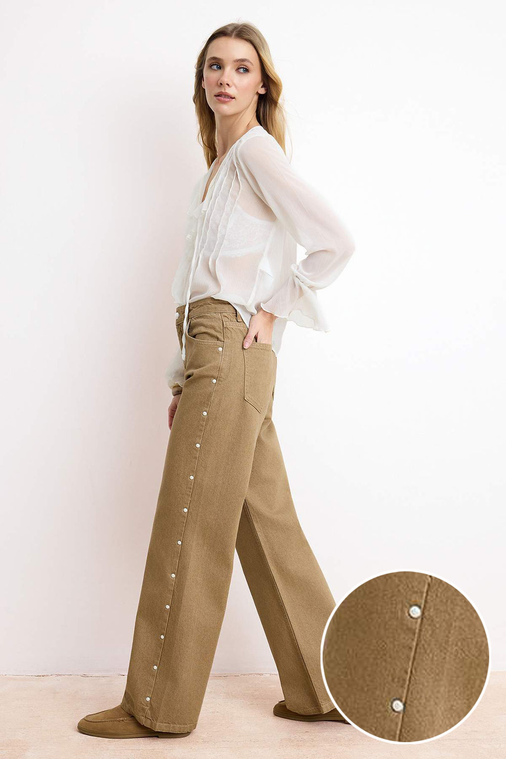 Camel Inci Detayl? Y?kama Efektli Yuksek Bel %100 Pamuk Wide Leg Jeans TWOSS26JE00055 - Trendyolmilla фото 3