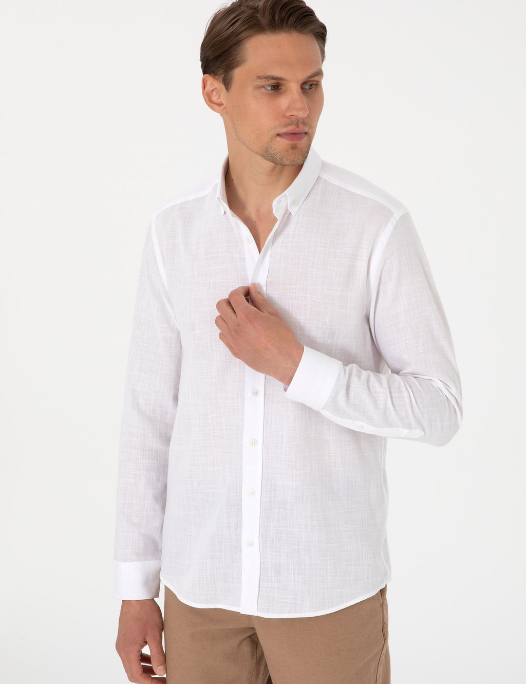 Beyaz Keten G_r_n_ml_ Slim Fit Uzun Kollu G_mlek - Pierre cardin фото 3
