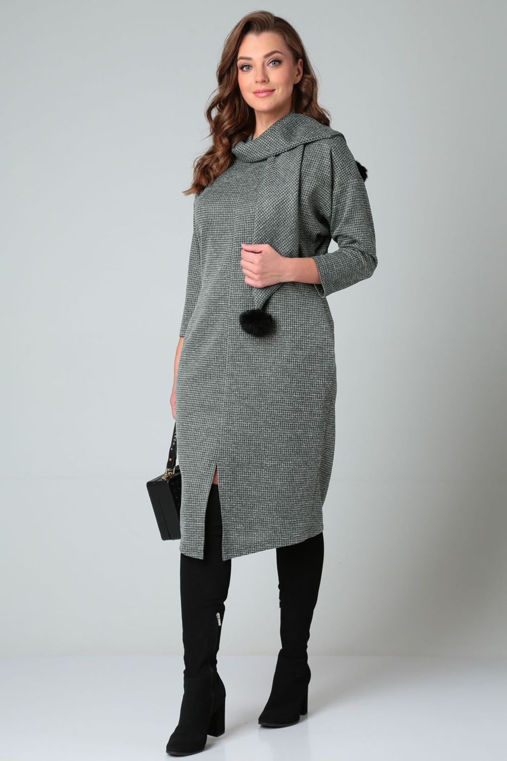 Платье теплое женское серого цвета с шарфом - Almond фото 4