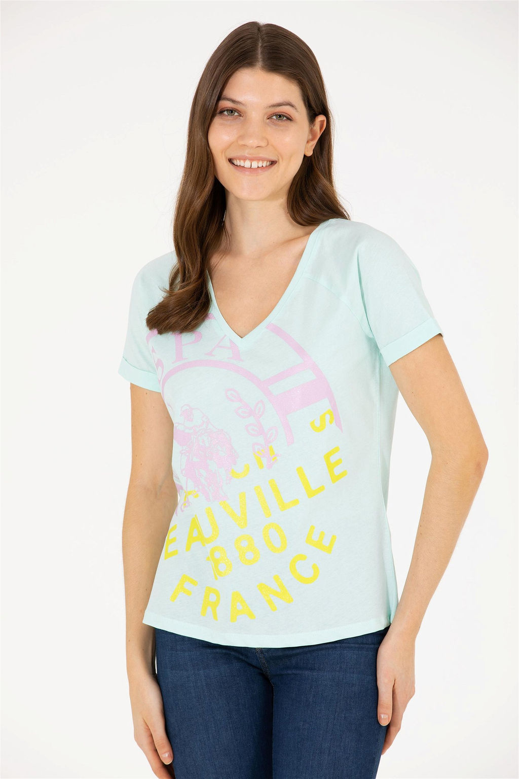 Женская зеленая футболка с v-образным вырезом Неожиданная скидка в корзине - U.s. polo assn фото 2