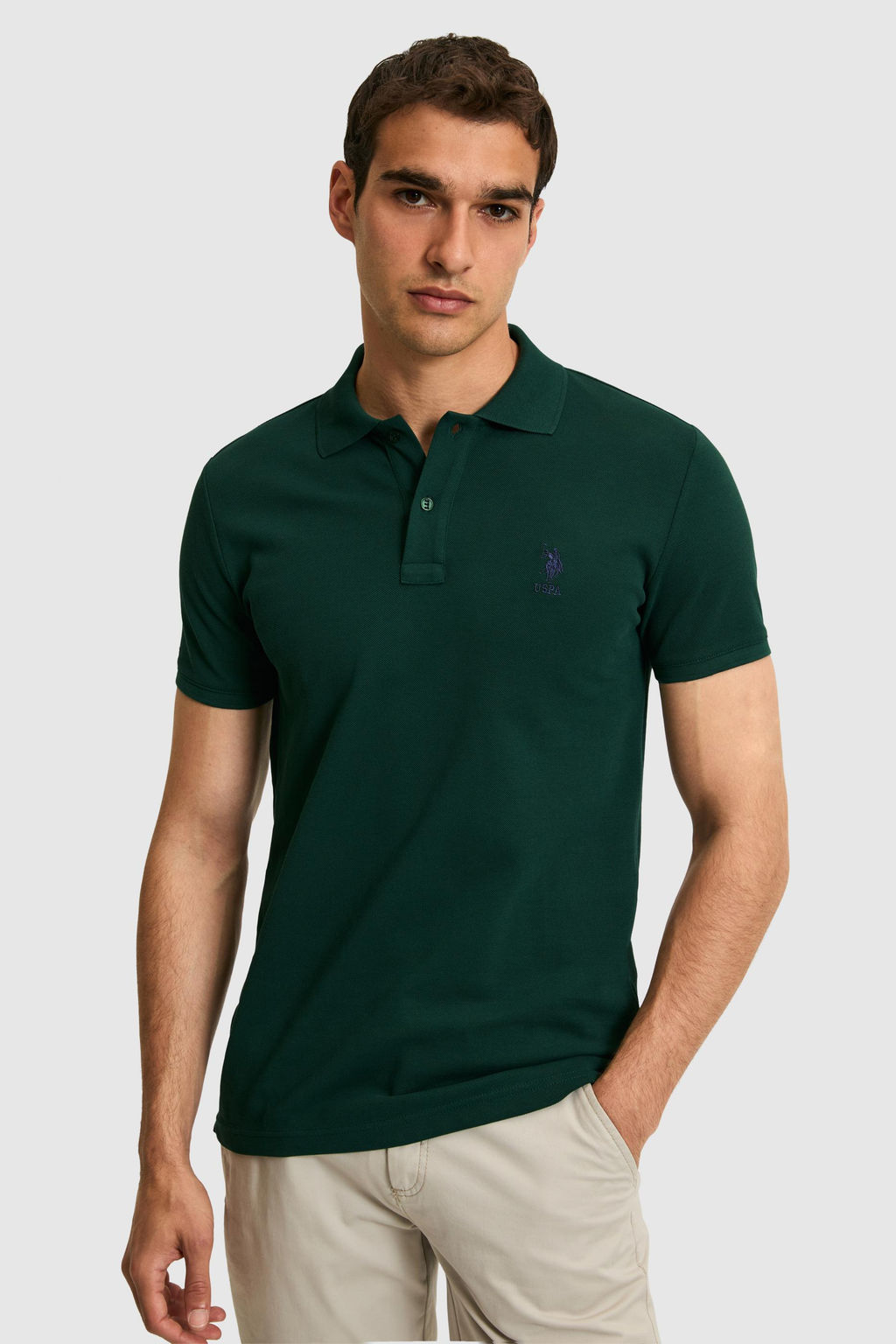 Erkek Slim Fit Polo Yaka Koyu Ye_il Basic Ti__rt
