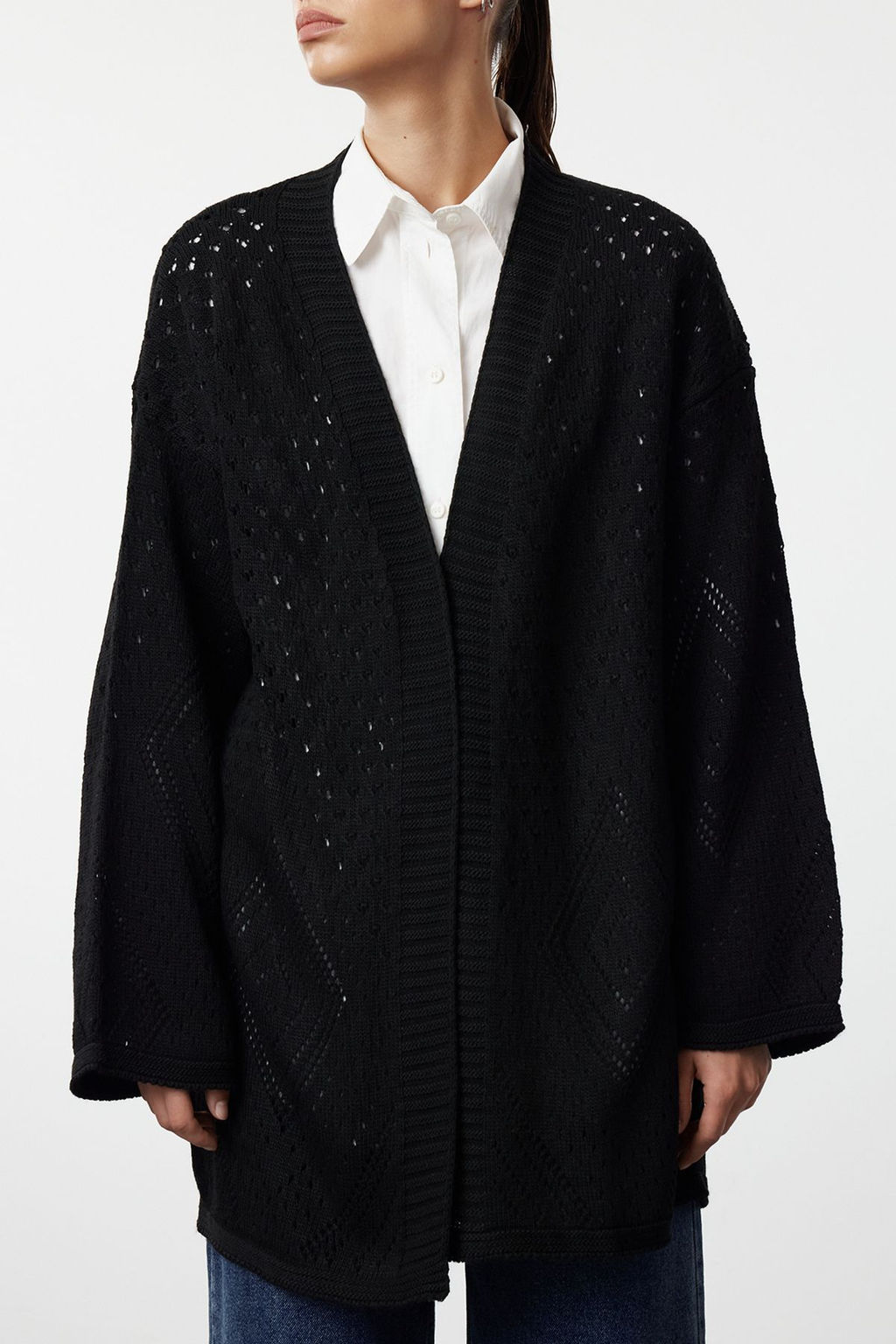 Siyah Genis Kal?p Midi Ajurlu/Delikli Triko H?rka TWOAW24HI00331