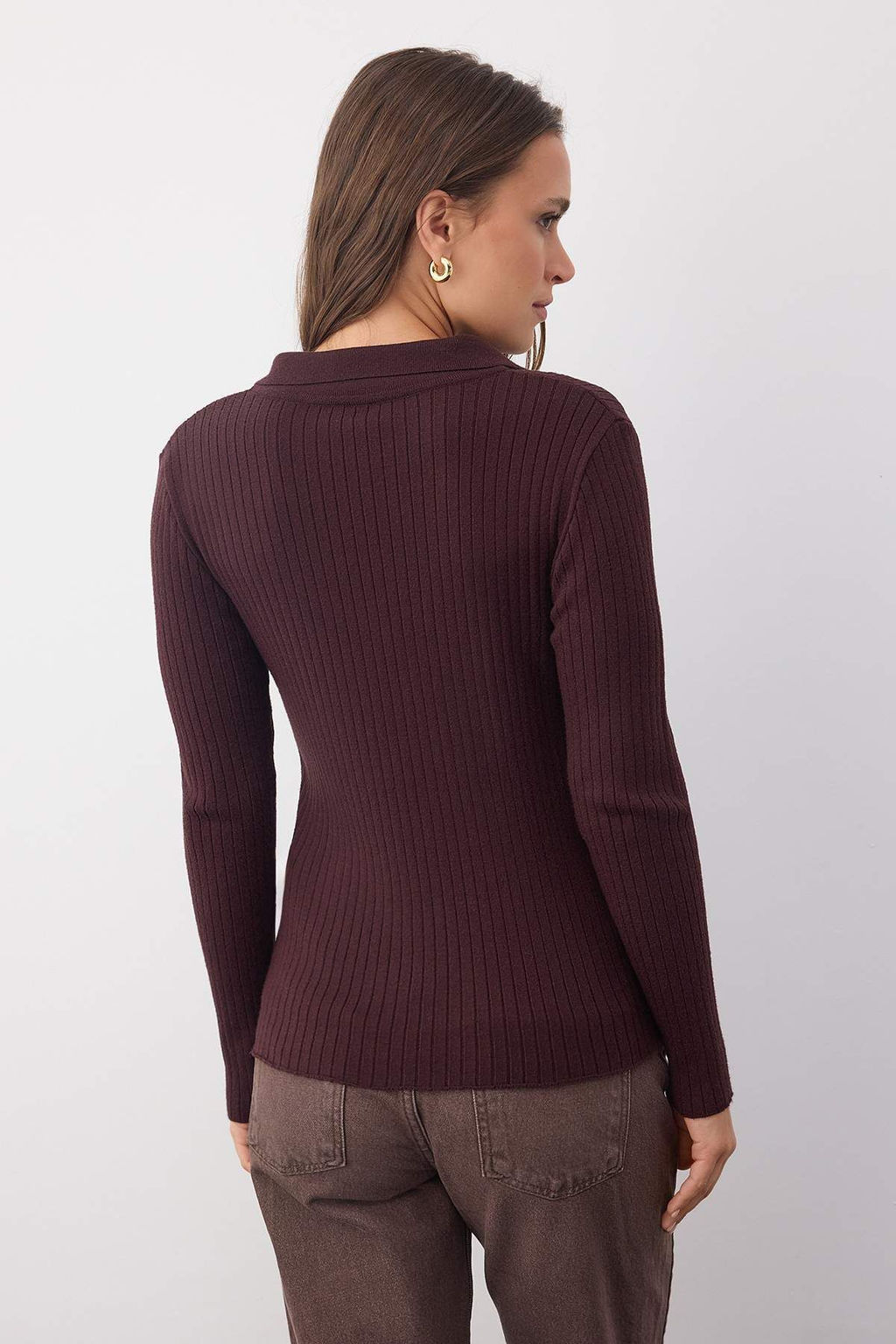 Wardrobe Essentials Kahverengi Premium IplikPolo Yaka Fitilli Triko Kazak | TWOAW26KZ00077 - Trendyolmilla фото 4
