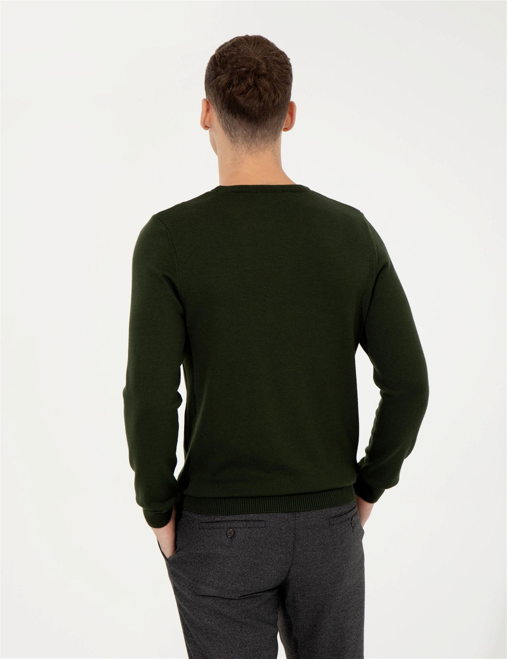 Koyu Ye_il Slim Fit Bisiklet Yaka Basic Triko Kazak