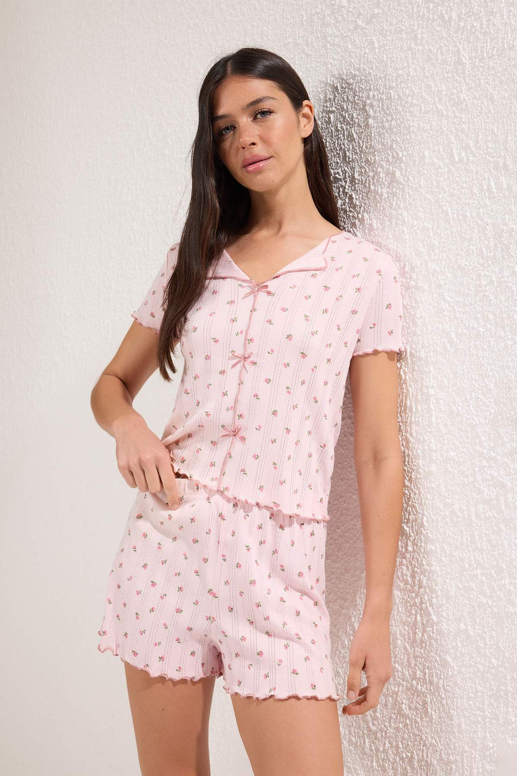 Trendyolmilla Beyaz %100 Pamuklu Cicekli Kurdele/Fiyonklu Fitilli Orme Pijama Tak?m? THMSS25PT00434 фото 20