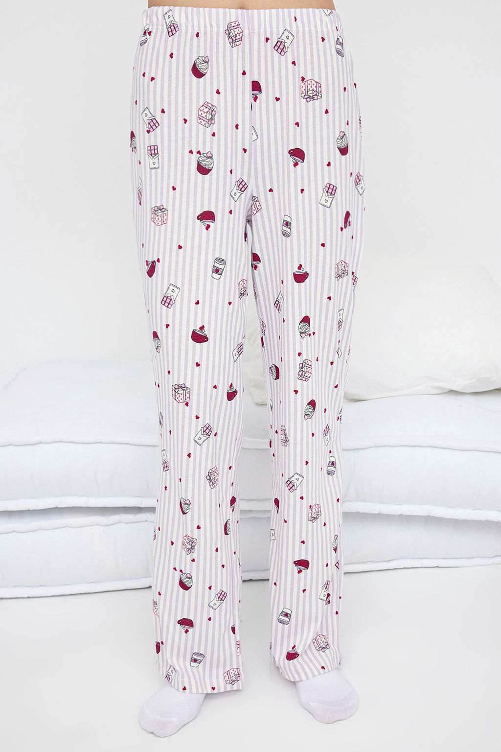 Lila-Cok Renkli %100 Pamuklu Kalpli Eglence Desenli Biyeli Orme Pijama Tak?m? THMAW26PT00039