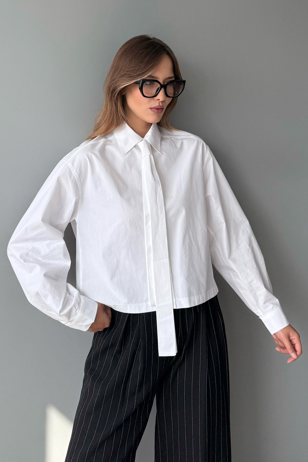 Kahverengi Fular Detayl? Hafif Crop Dokuma Gomlek TWOAW26GO00119 - Trendyolmilla фото 6