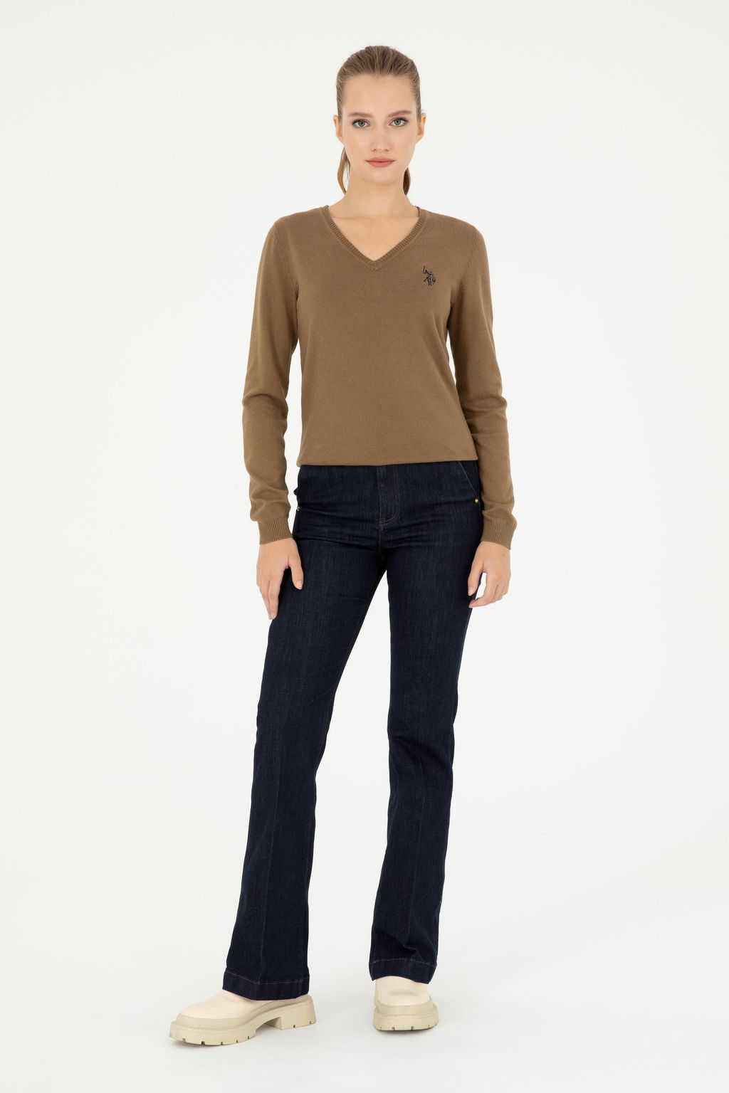 Женский базовый свитер темно-хаки меланжевого цвета с v-образным вырезом Неожиданная скидка в корзине - U.s. polo assn фото 11