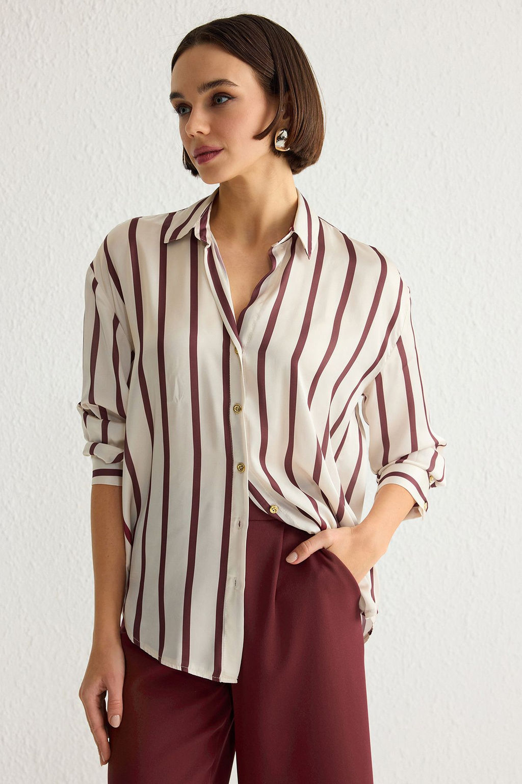 TRENDYOLMILLA K?rm?z? Cizgili Dokuma Gomlek TWOAW24GO00016  фото 9