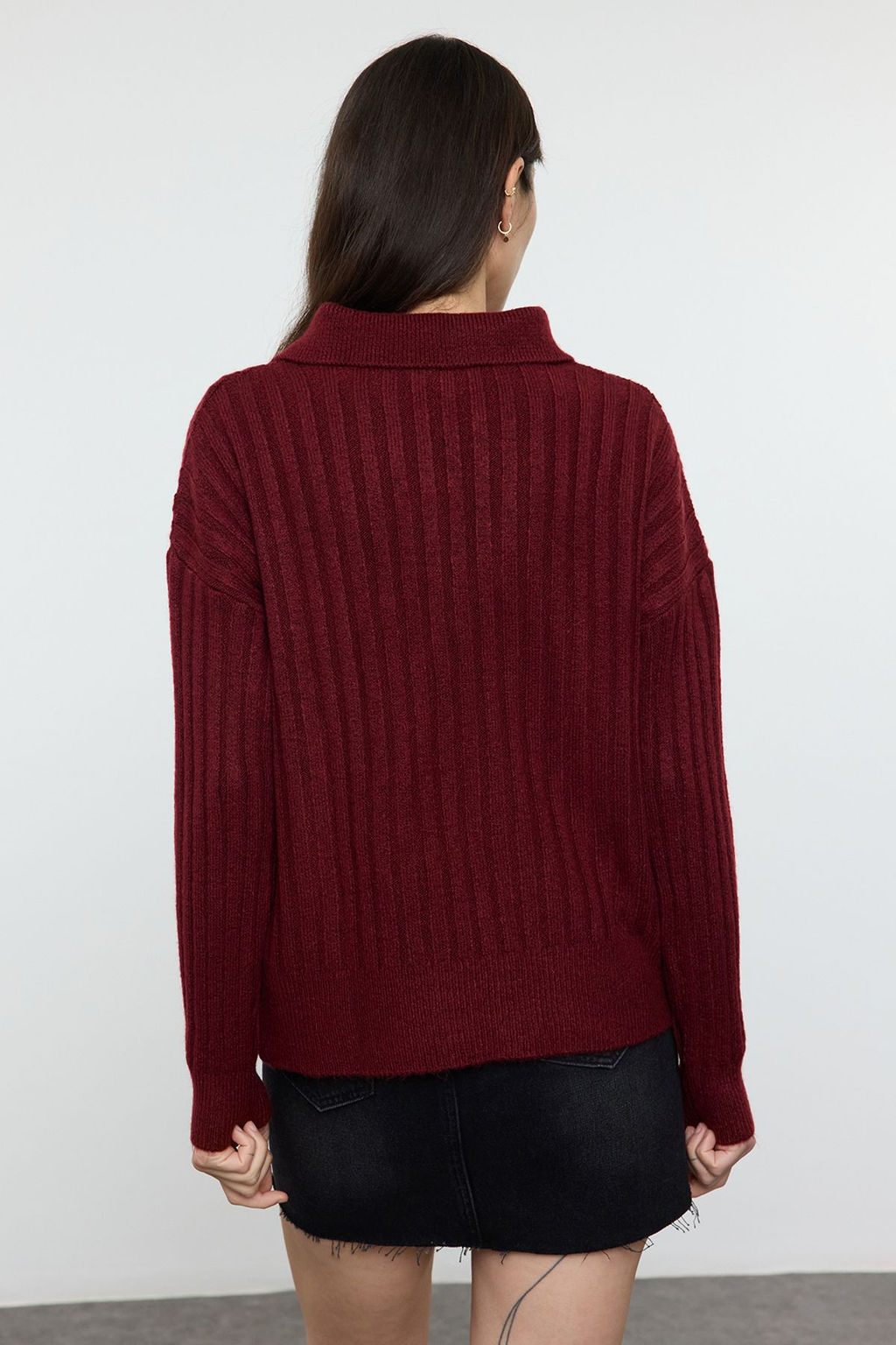 Bordo Yumusak Dokulu Polo Yaka Triko Kazak TWOAW24KZ00678