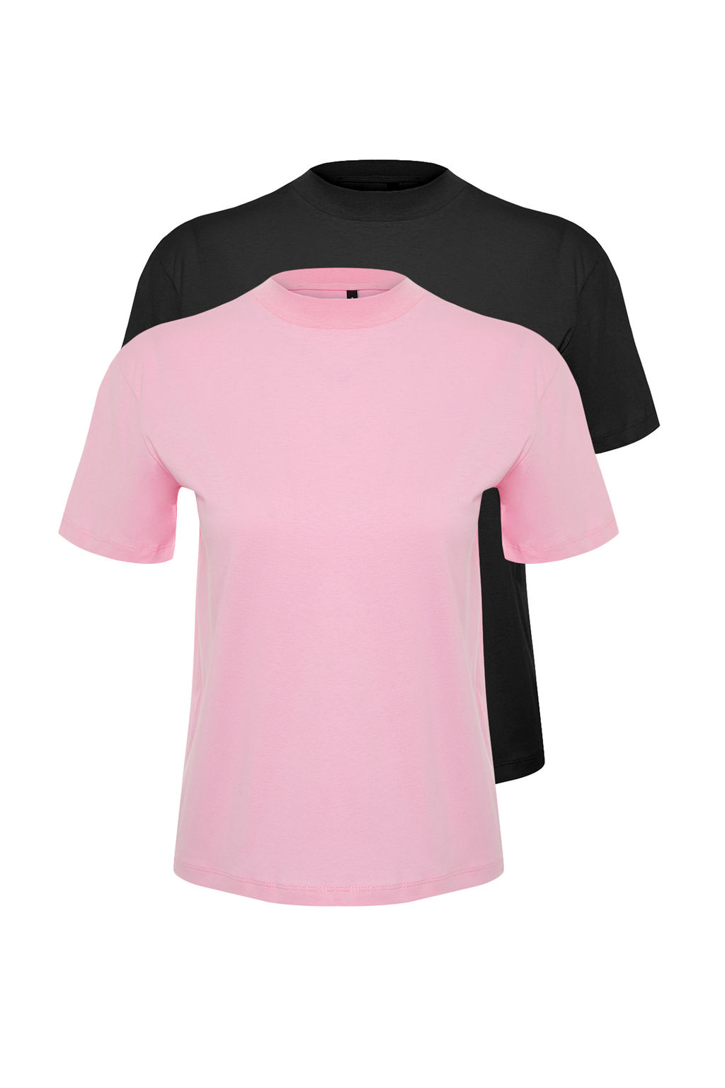 Pembe-Siyah 2li Paket %100 Pamuk Basic Dik Yaka Orme T-Shirt TWOSS20TS1500