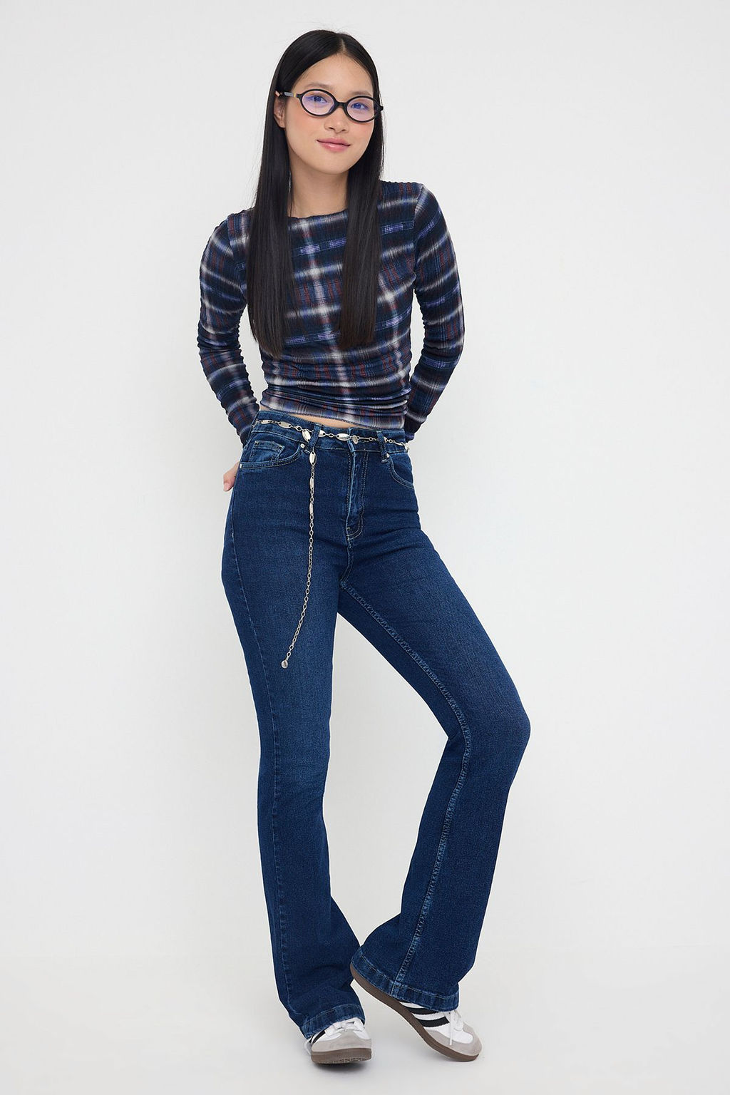 Teen Koyu Mavi Yuksek Bel Ispanyol Paca Flare Jeans TWOAW26JE00094 - Trendyolmilla фото 2