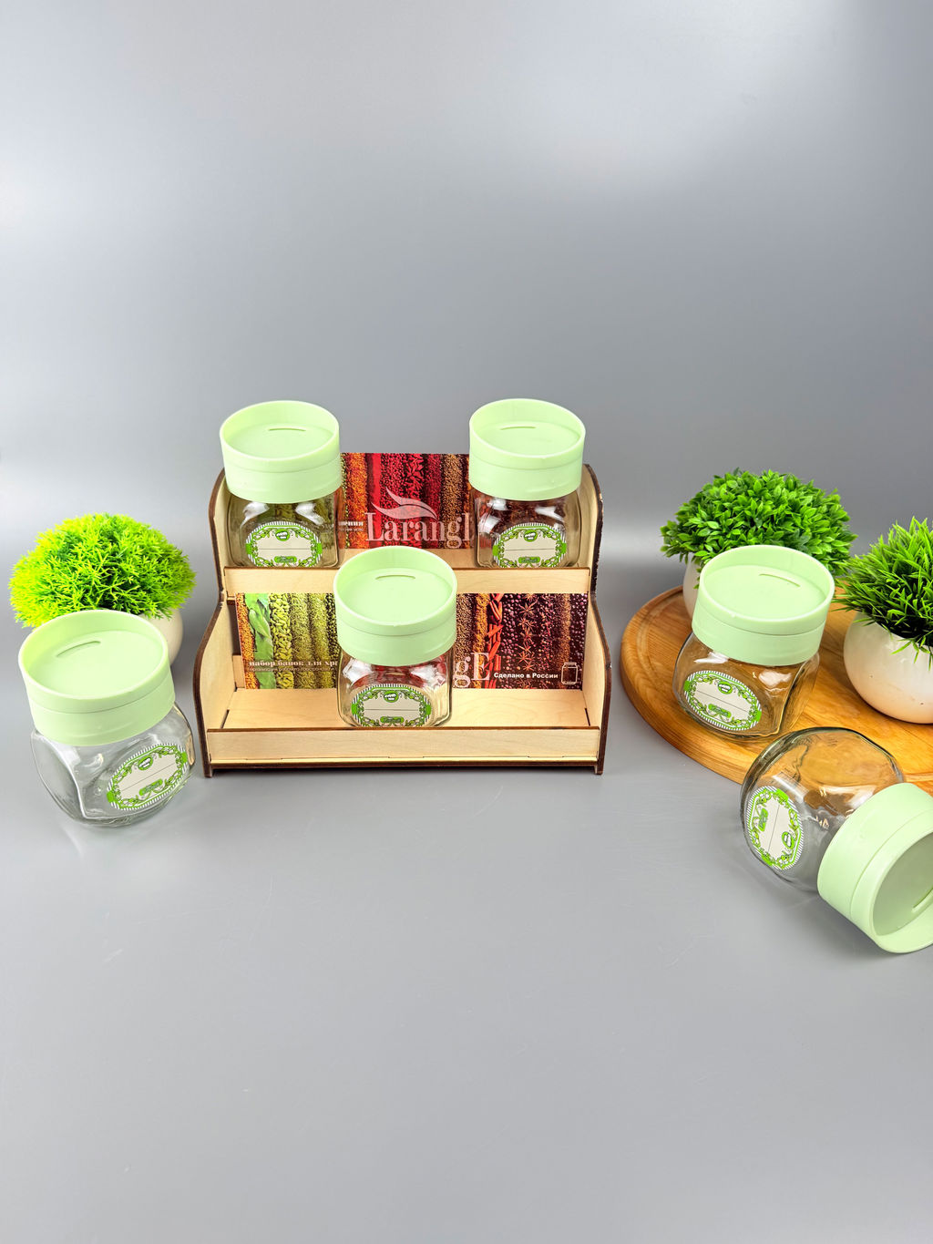 Набор банок 200мл 6шт с крышкой-дозатором поворотным НЕЖНО-МЯТНЫЙ для сып.прод. на дер.под.