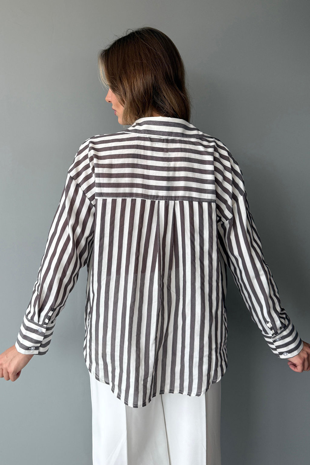 Kahverengi Bej Cizgili Oversize Gomlek TWOAW26GO00093
