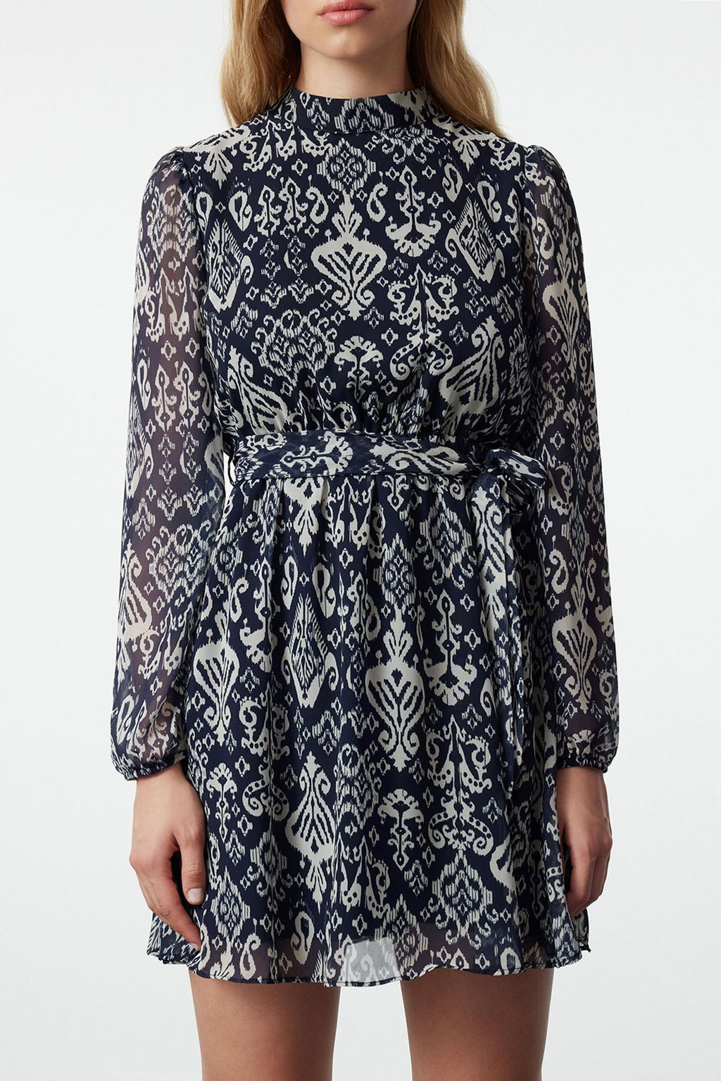 Lacivert Kusakl? Etegi Volanl? Boho Astarl? Sifon Mini Dokuma K?sl?k Elbise TWOAW24EL00665