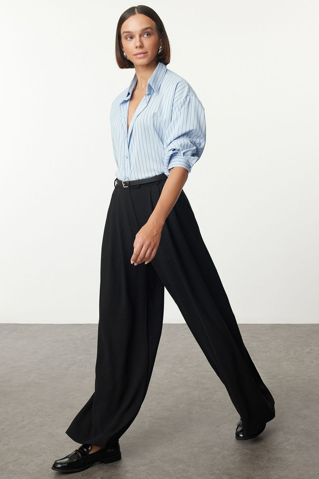 Siyah Kemerli Pilili Wide Leg/Extra Genis Paca Dokuma Pantolon TWOAW25PL00032 Palazzo