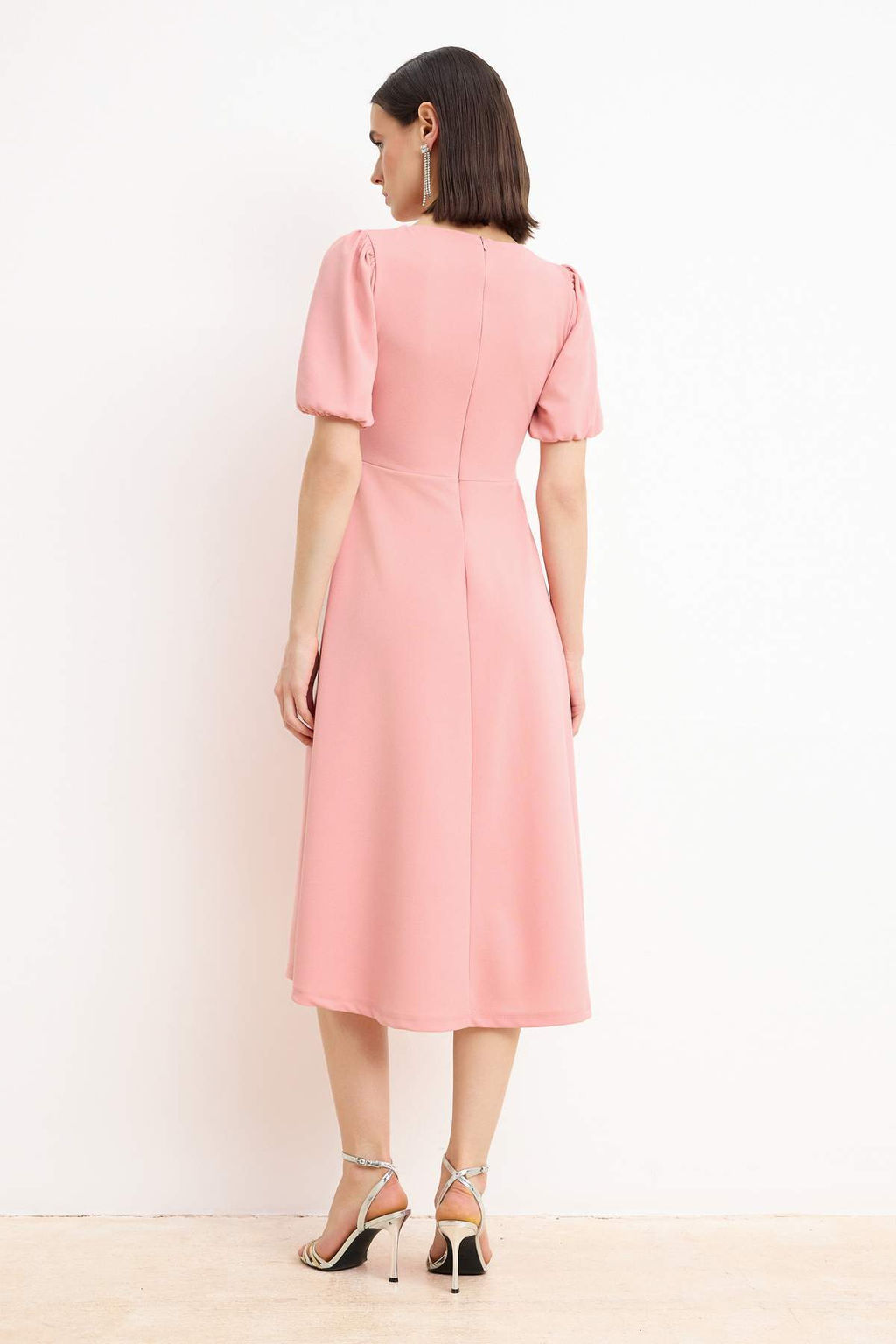 Ac?k Pembe Duz Etegi Belden Ac?lan Fiyonklu Orme Finike Midi Astars?z S?k/Gece Elbise