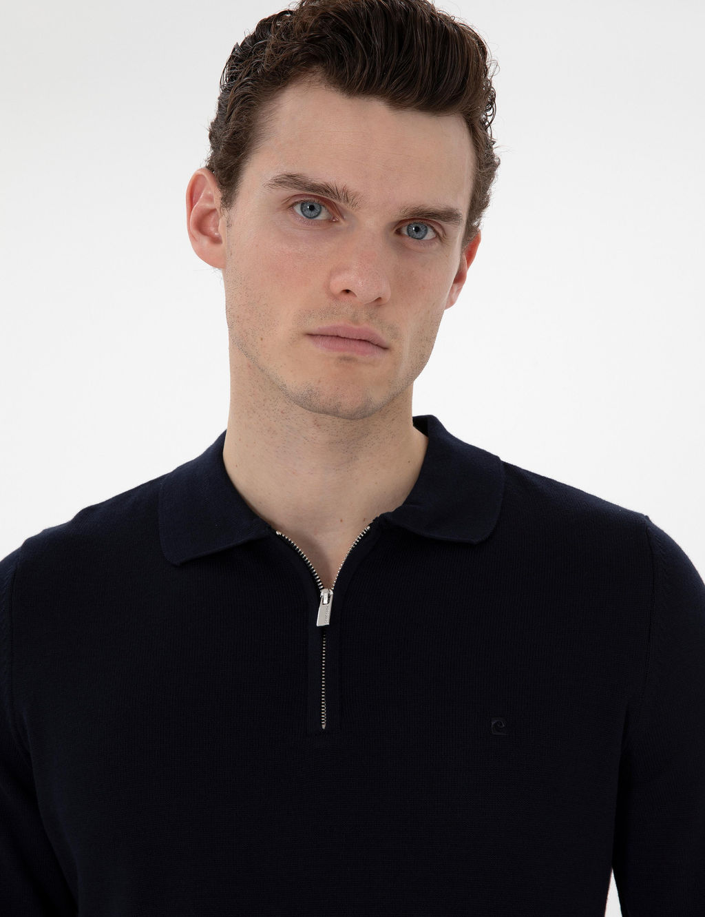 Lacivert Slim Fit Fermuarl_ Polo Yaka Basic Triko Kazak