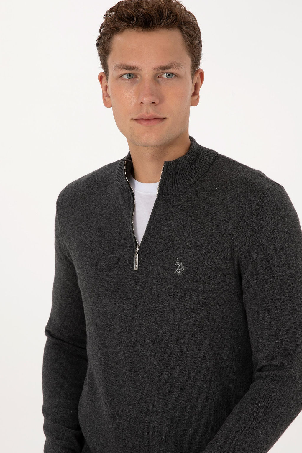 Erkek Slim Fit Yar_m Fermuarl_ Antrasit Melanj Basic Kazak - U.s. polo assn фото 2