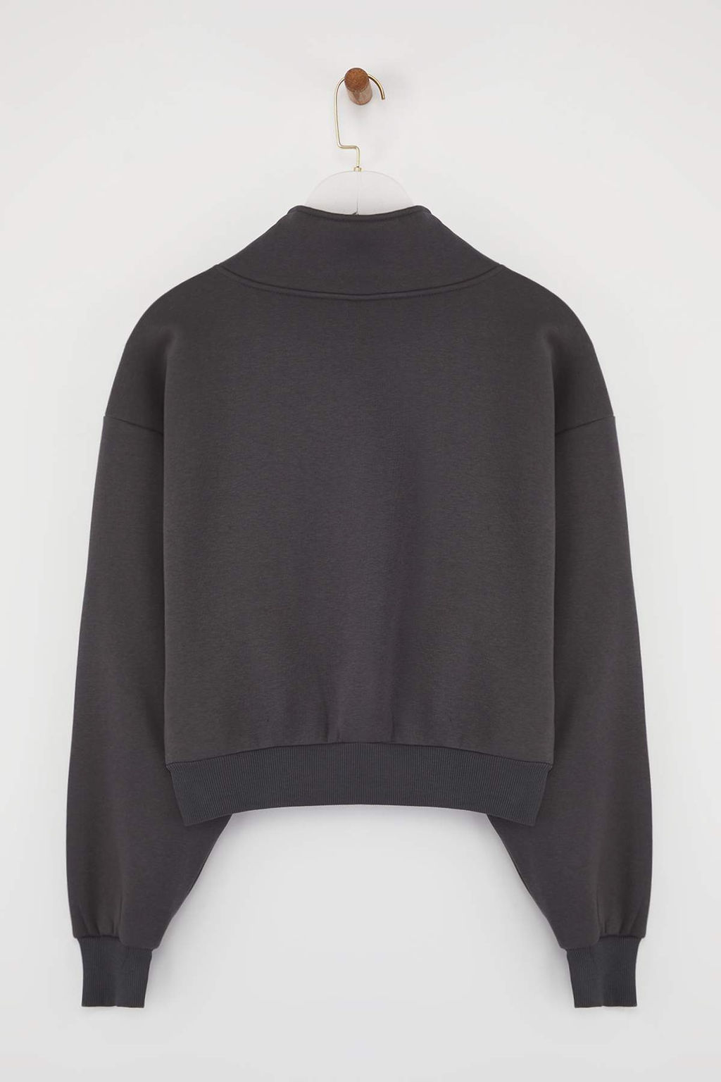 Antrasit Rahat Kesim Crop Fermuarl? Dik Yaka Kal?n Ici Polarl? Orme Sweatshirt TWOAW24SW00221