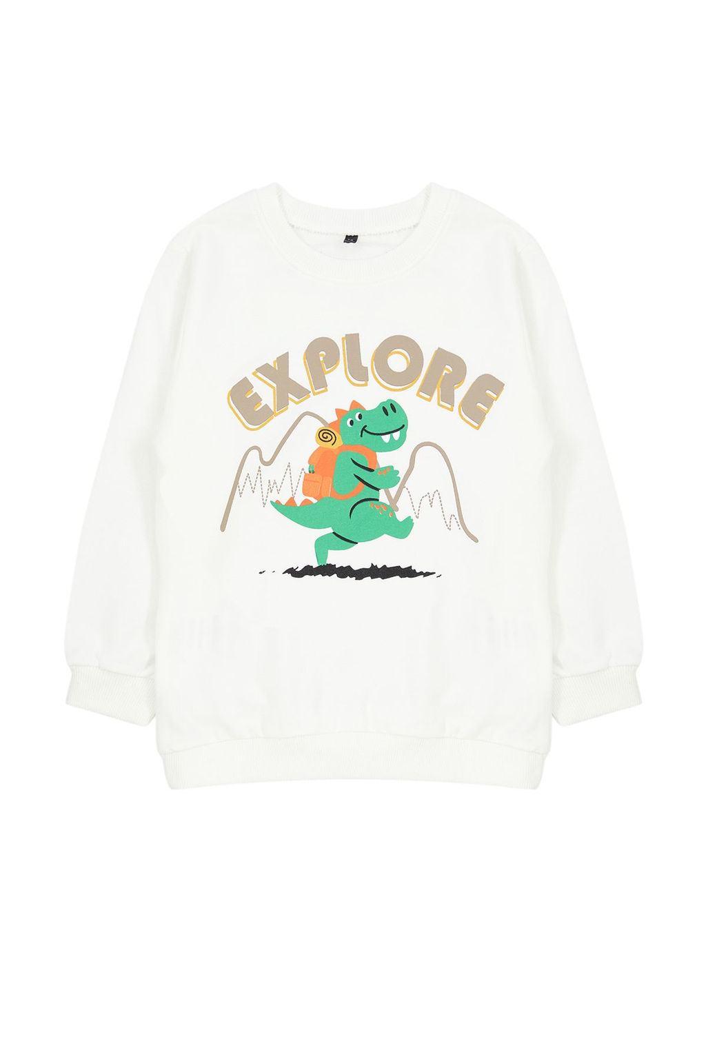 Ekru Erkek Cocuk Mevsimlik-Ince Dinozor Desenli Bisiklet Yaka Orme Sweatshirt TKDAW25SW00005