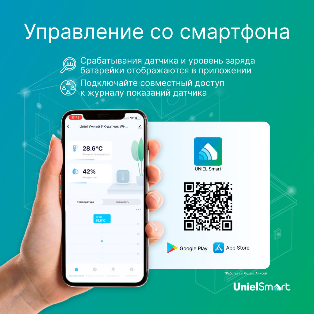 USN-A502 TS/WF WHITE Умный датчик температуры и влажности Wi-Fi, с экраном, на батарейках AAA*2 (н/к) / адаптер 5V (н/к). Звуковое+PUSH оповещение. Накладной. Белый. Приложение UnielSmart. TM Uniel